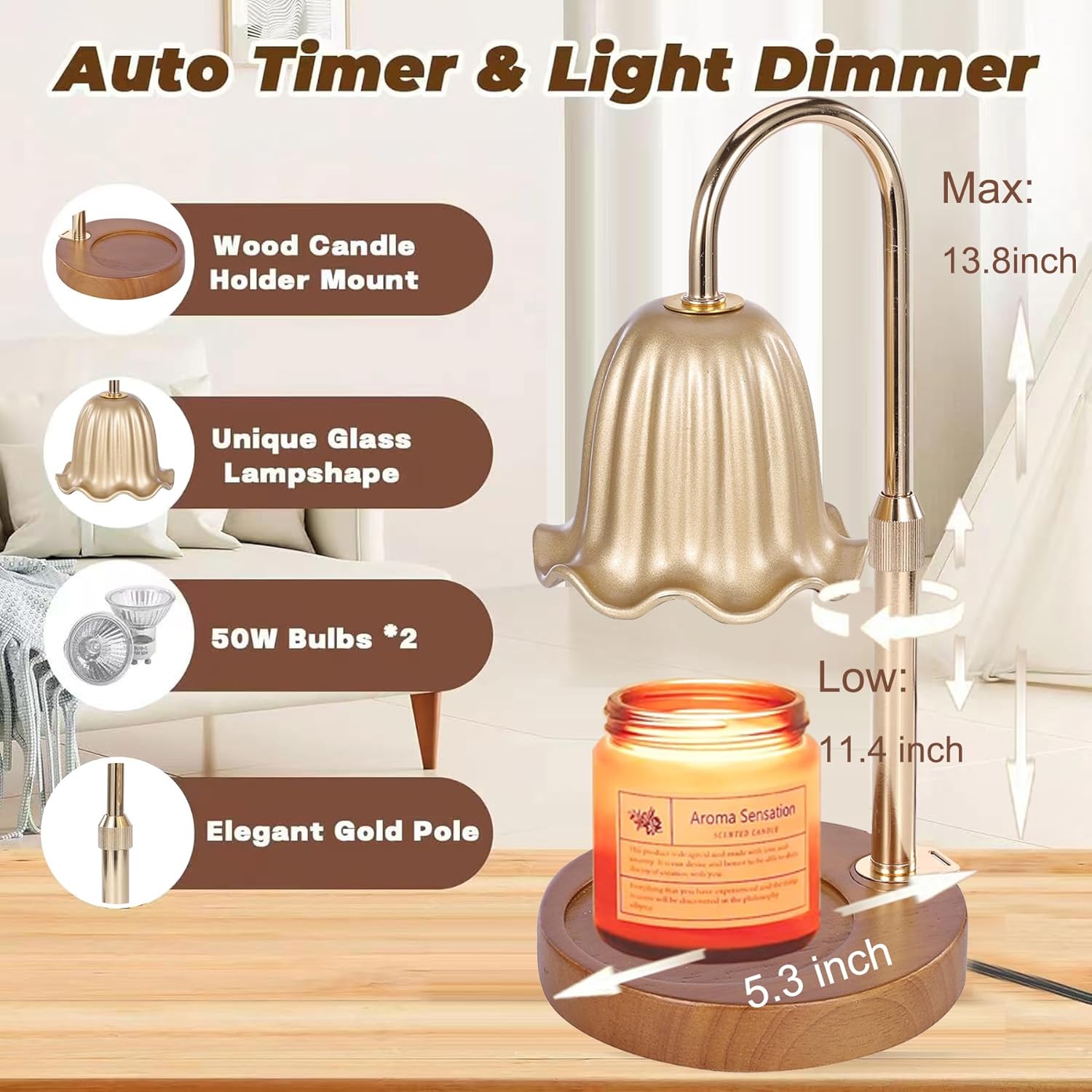 2Pack Electric Timer Candle Warmer Light,with Bracket Dimmable Candles Wax Glass Warmers Lamps for Jar Candles Burner No Flame Scented Melting Warming Lantern Adjustable Height(50W*4PCS)