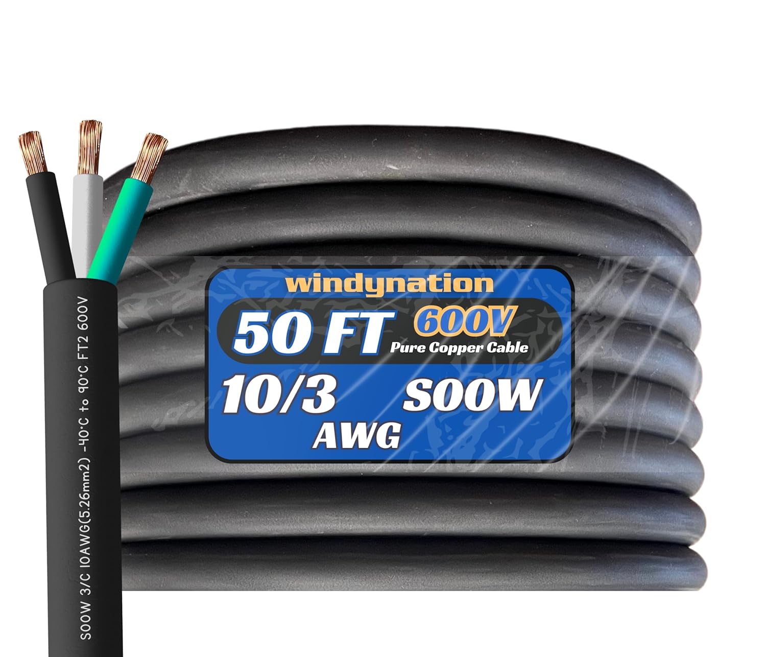 WindyNation 50 Feet 10/3 10 AWG SOOW SO Cable Cord Wire - 10 Gauge 3 Conductor 600V Portable Power Extension Cord Cable for EV Chargers, Motor Leads, Portable Lights, and Battery Chargers