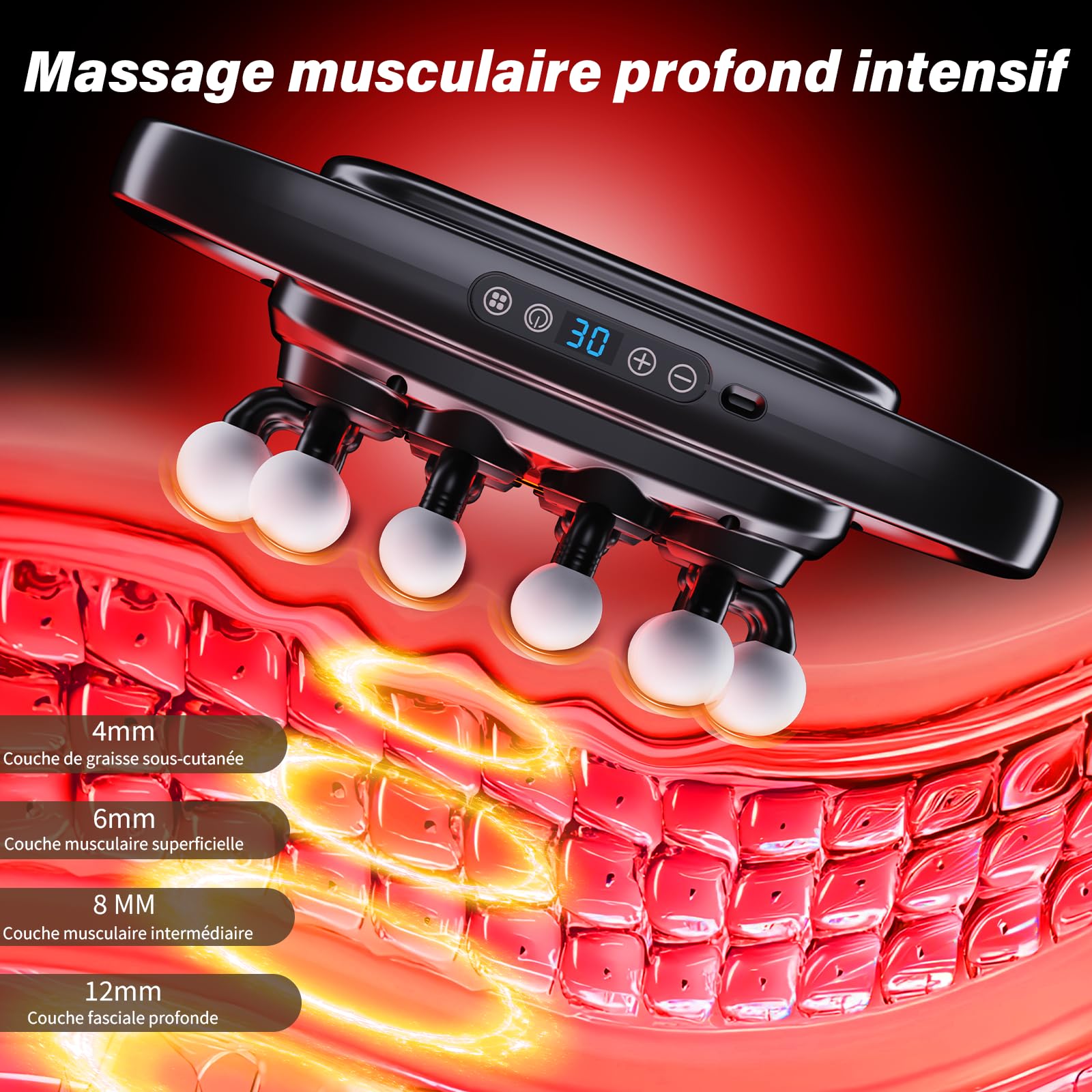 Pistolet de Massage avec 20 Têtes Pour Dos épaules, Jambes, Musculaire | 3 Modes, 30 Intensités