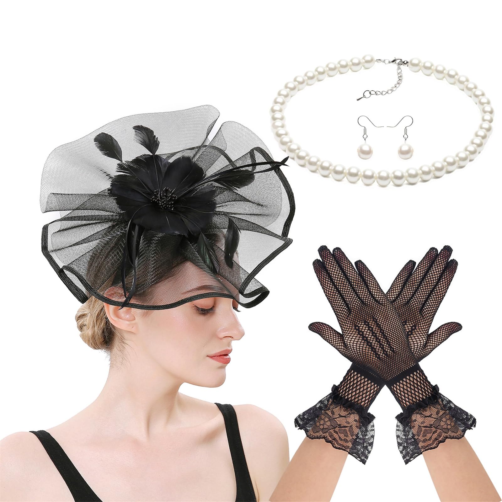 YUXITA Lace Feathered Flower Fascinator Headwear Necklace Gloves Set for Women Horse Racing Festival Headpiece Hair Accessories