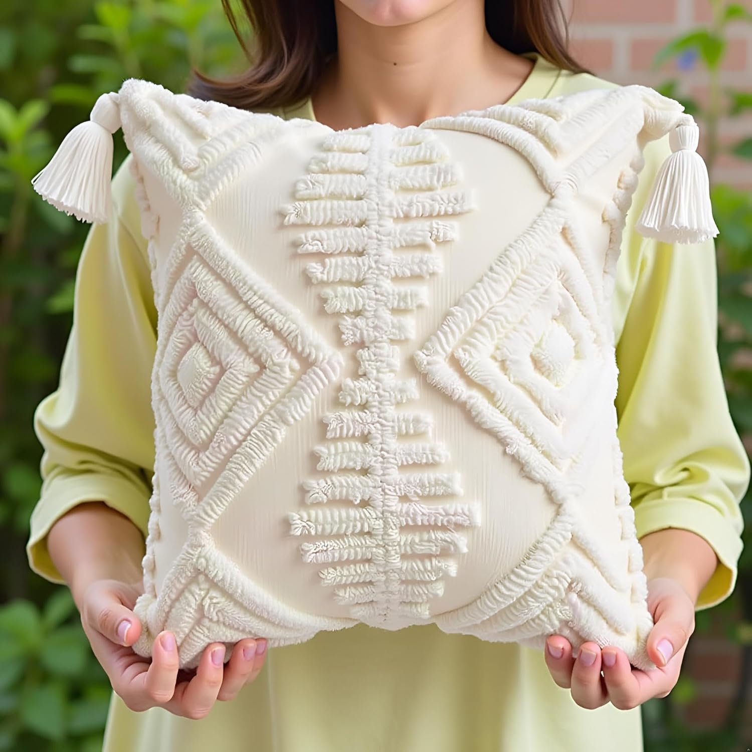 Boho Throw Pillows, 18x18 Bohemian Cushion Case,Set of 2 Textured Moroccan Throw Pillow Covers,Decorative Farmhouse Neutral Pillowcases for Couch Sofa Bedroom Living Room Home Decor White