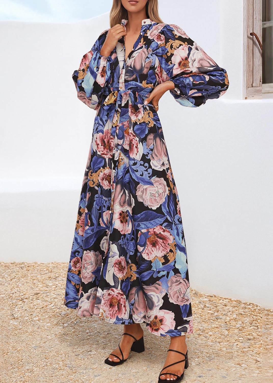 Lazysmile Maxi Dresses for Women 2025 Casual Long Sleeve Button Down Belted Boho Floral Shirt Dress with Pockets - Image 6
