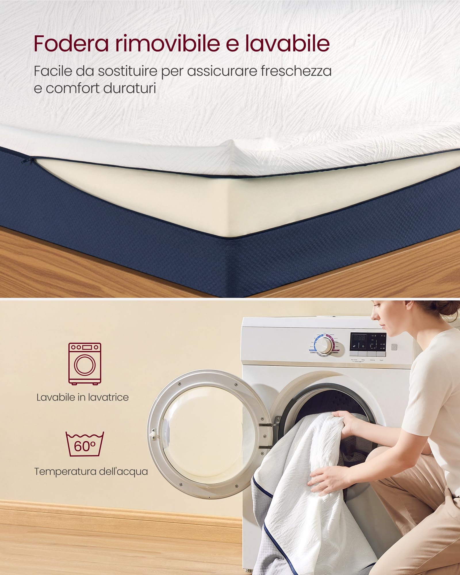 VASAGLE Materasso 160 x 190 cm, Materasso Matrimoniale, Memory Foam con Gel, Rigidità Media, 7 Zone, Rivestimento Traspirante Rimovibile e Lavabile in Lavatrice, 20 cm di Spessore, Blu RMZ129QZ01