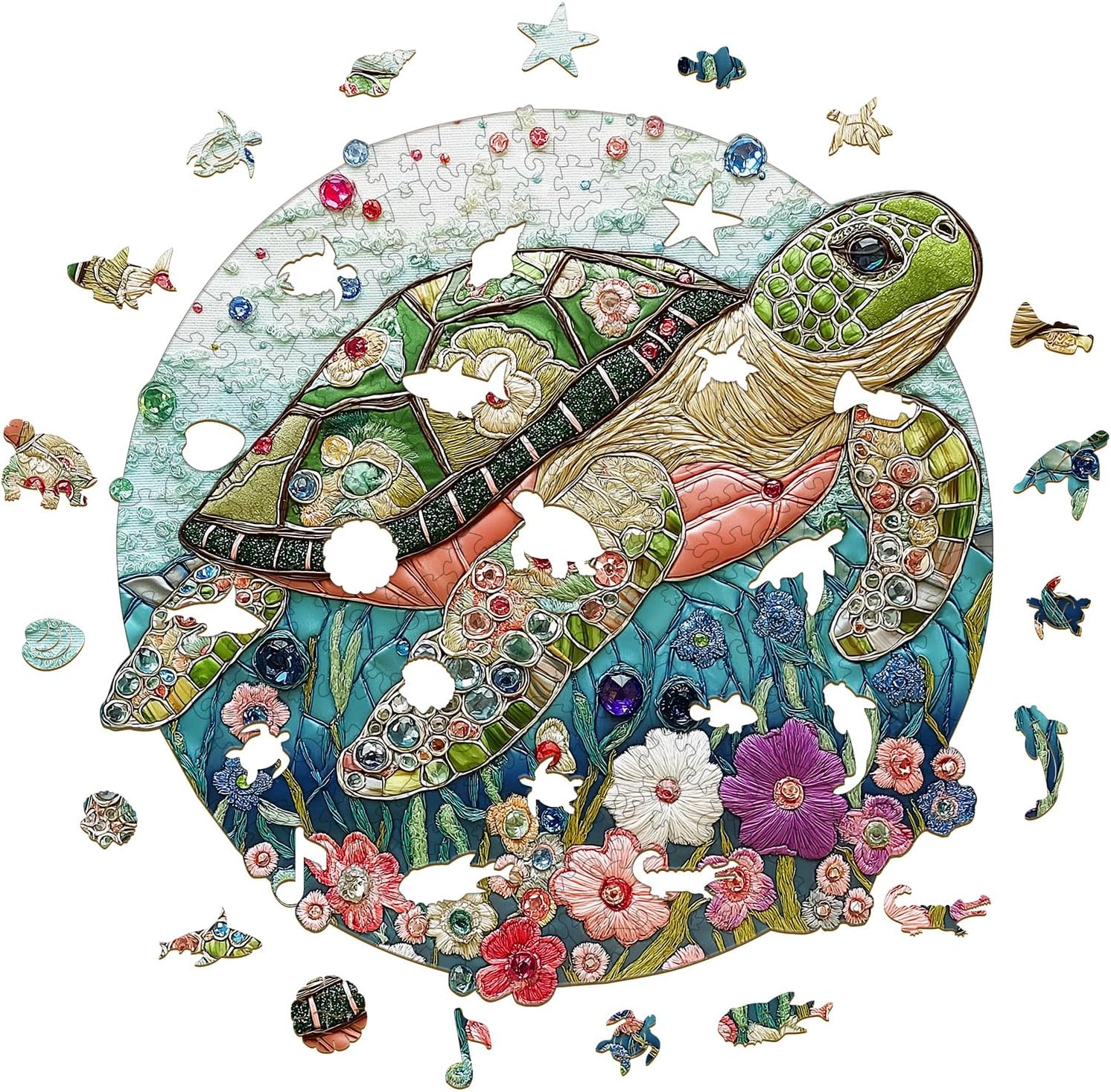 Wooden Puzzles for Adults - Embroidered Turtle Wooden Jigsaw Puzzle, Unique Animal Shaped Wood Puzzles Adult, Christmas Birthday Gifts for Friends/Family, Home Decor, 8.5"x8.4"-100pcs