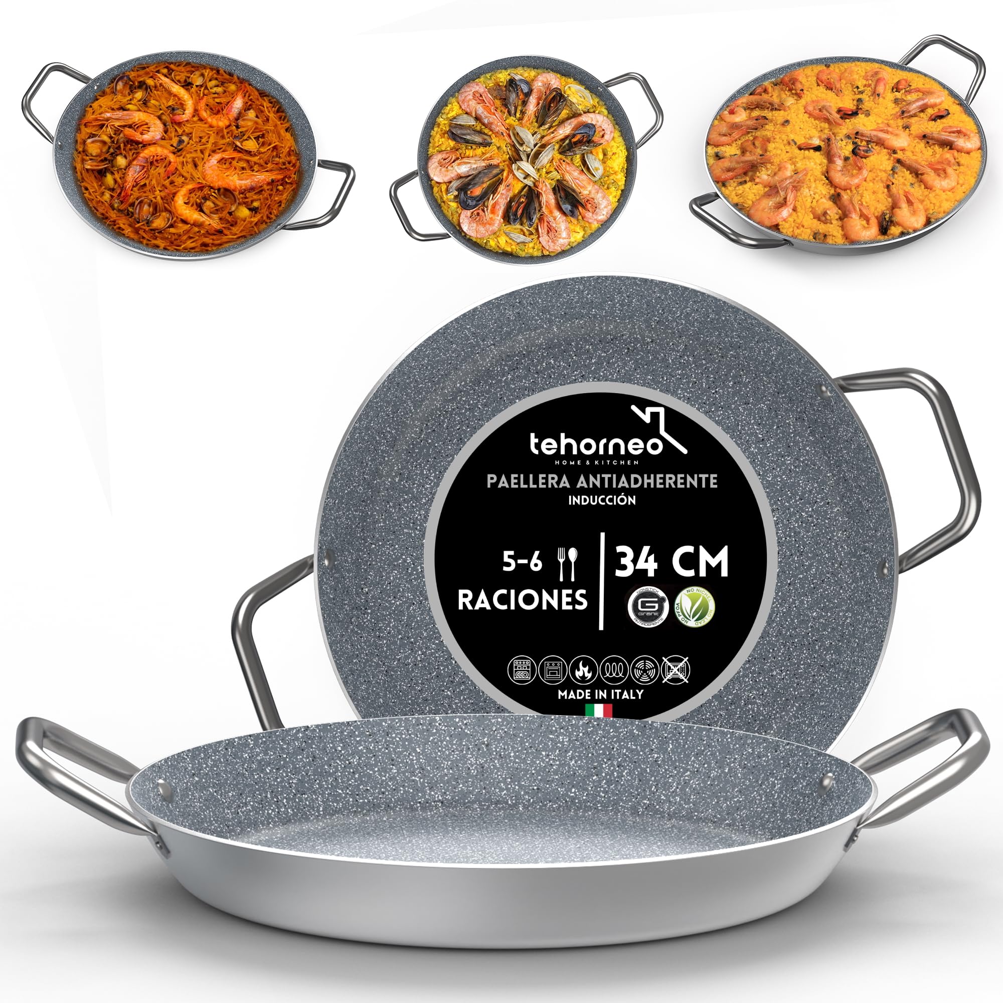 TEHORNEO Paellera Induccion, Paellera 34 cm de Antiadherente 5-6 raciones, Paella Induccion, Paella 34 cm Compatible con Inducción, Vitrocerámica, Gas y Electrica, Paelleras Grandes