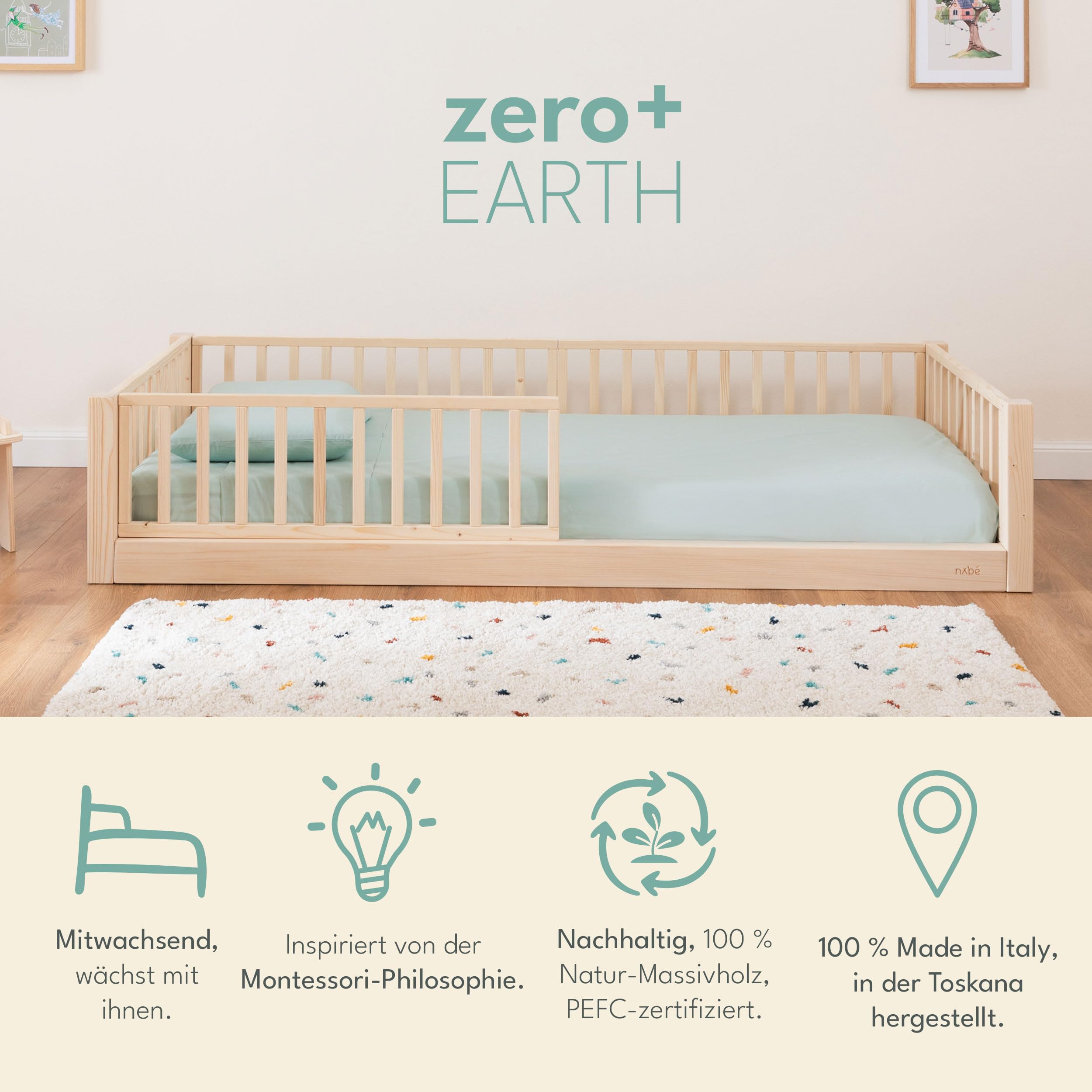 nabè Letto Evolutivo 80x190 cm | Materasso Incluso | Set 5 Sponde protettive - Letto Montessori a terra in Legno Massello Naturale PEFC - Cresce con il Bambino
