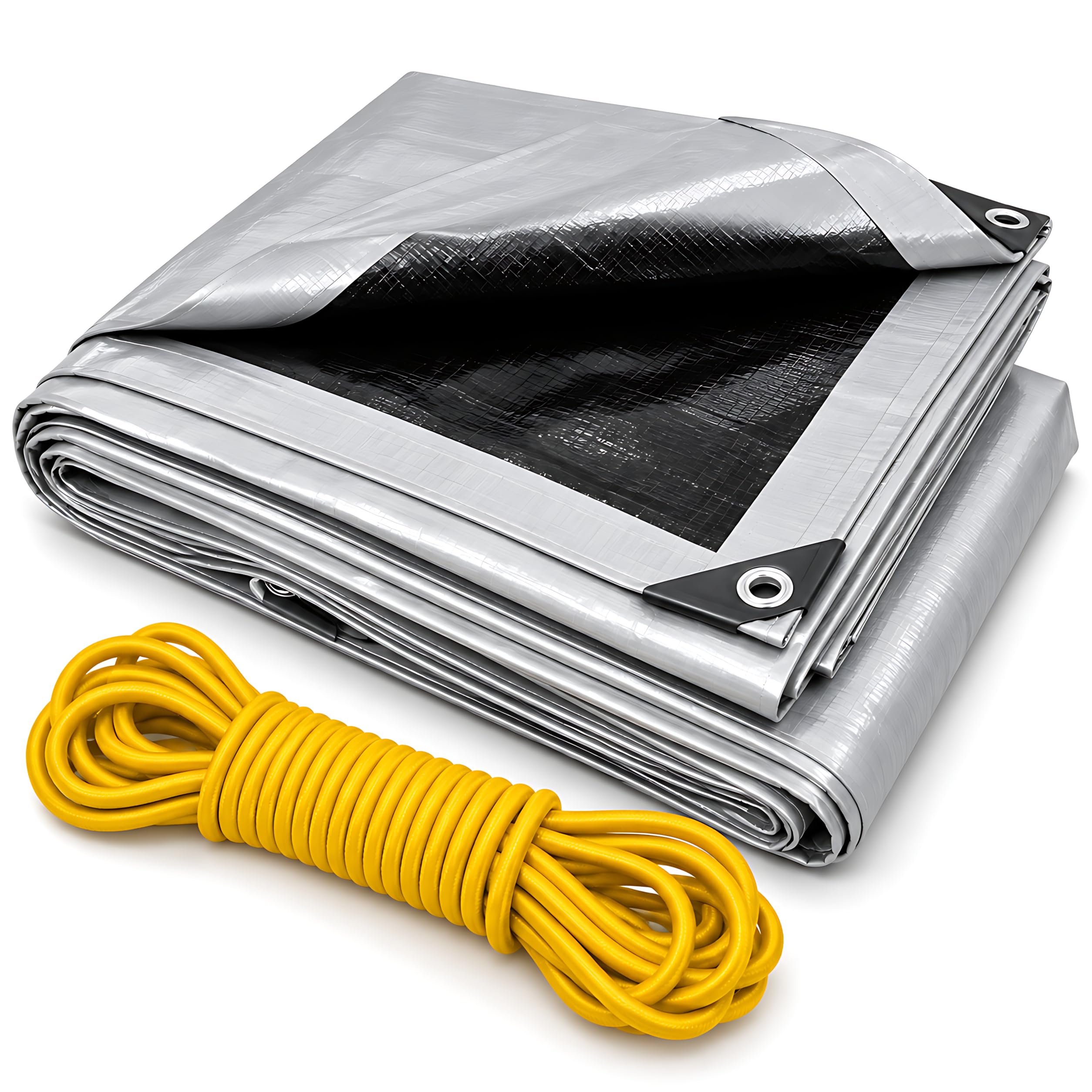 Heavy Duty Tarpaulin 5m x 5m 260 GSM Silver Black with 10m Yellow Rope | For Furniture, Timber, Machinery and Outdoor Storage, Waterproof PE, UV-resistant, Aluminium Eyelets Every 1m, Rubber Corners