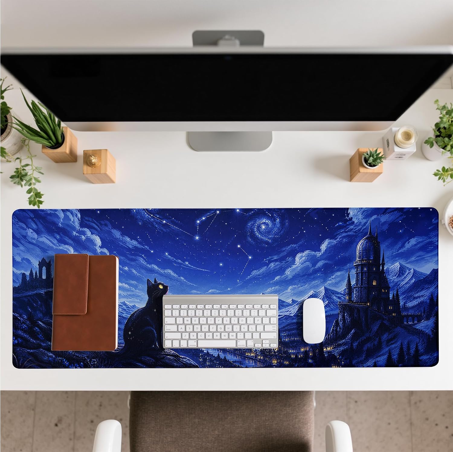 Starry Night Cat Mouse Pad Desk Mat XL Extended Large Gaming Desk Pad Mousepad, Oil Painting Art Computer Laptop Keyboard and Mouse Mat, Desktop Protector Mat for Office and Home 31.5x11.8 in image 3