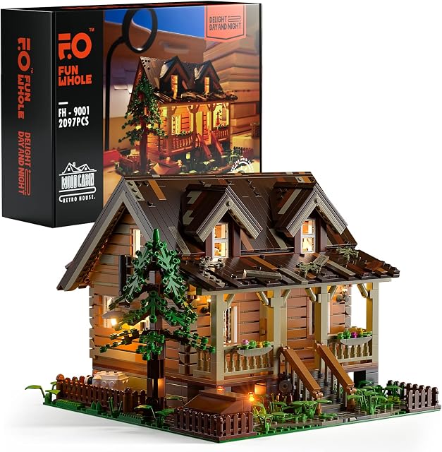 FUNWHOLE Modular Building Sets for Adults: LED included Wood Cabin House Large Model Architecture Building Compatible with Lego House Sets Gift for 16+ 18+ (2097 PCS)