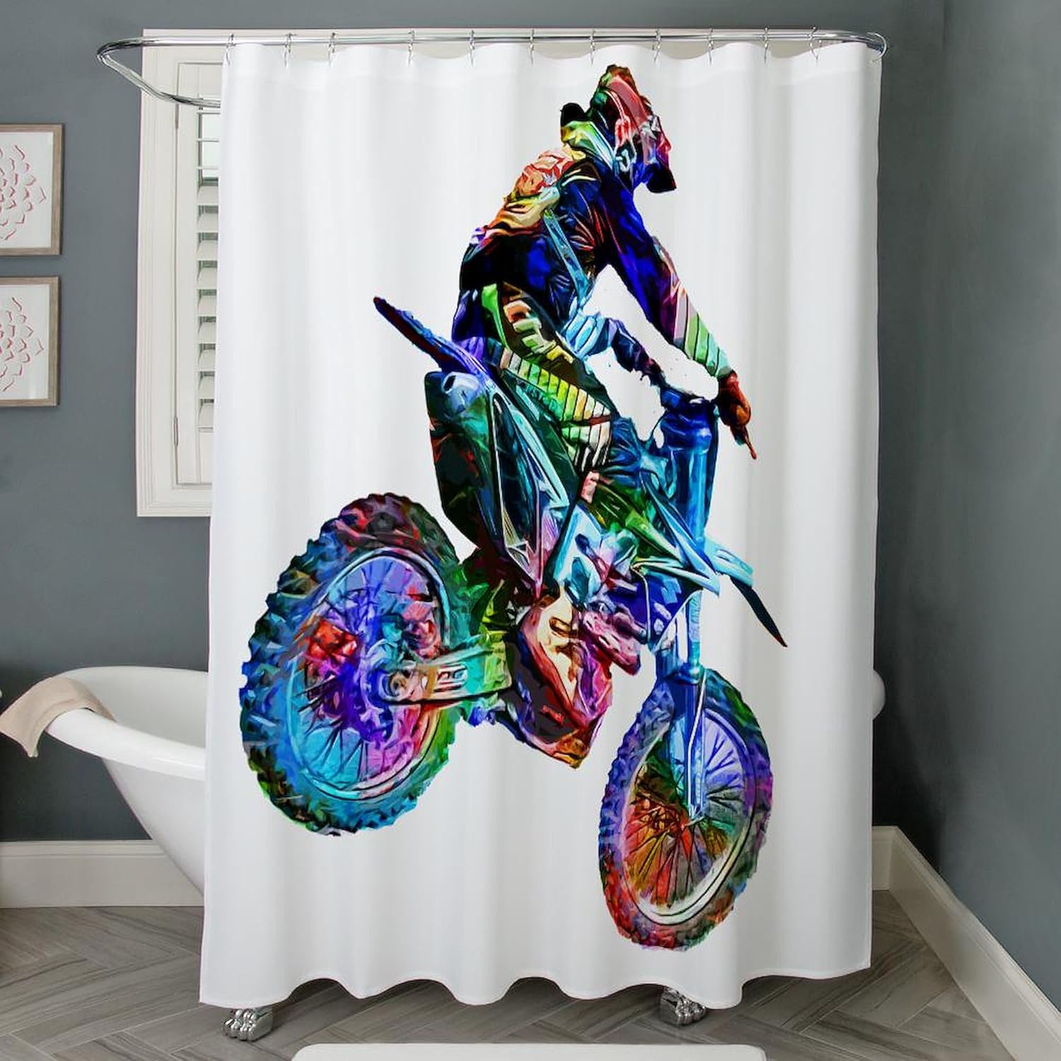 CafePress Super Crayon Colored Dirt Bike Careening Downhill Decorative Fabric Shower Curtain