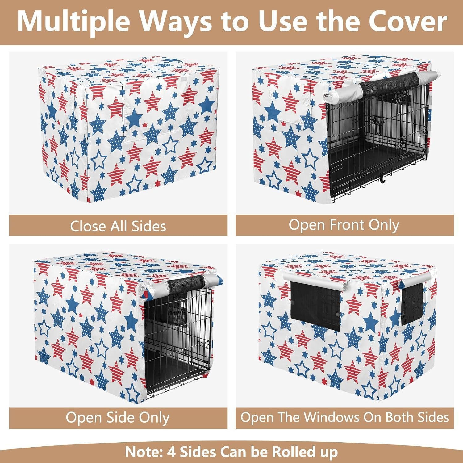 Duty 600D Silver Coated Dog Crate Cover, Water-Resistant Stars Print Pet Kennel Canopy with Mesh Windows for Optimal Ventilation, Universal Fit for Standard Wire Cage, Indoor & Travel