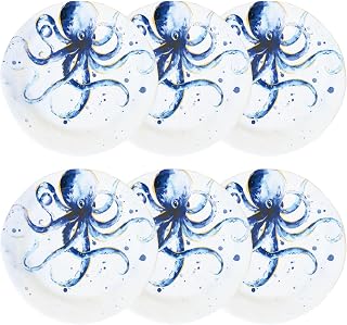 UP UPware Indigo Octopus Melamine Salad Plate Set, Round Plates for Risotto, Pasta, and Salad, BPA-Free, Dishwasher Safe, Blue, 9 Inch, Set of 6