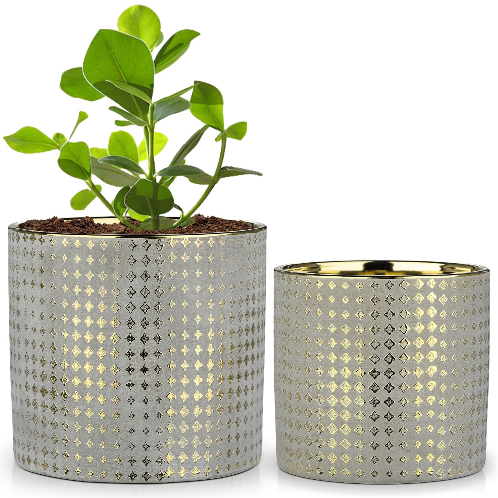 Oairse 2er-Set Blumentöpfe mit Abflussloch Vergoldeter Keramik-Pflanztopf mit Gold Star Textur Perfekt für Moderne Dekoration und Pflanztöpfe, Dekorativen KeramikTöpfen Drinnen und Draußen