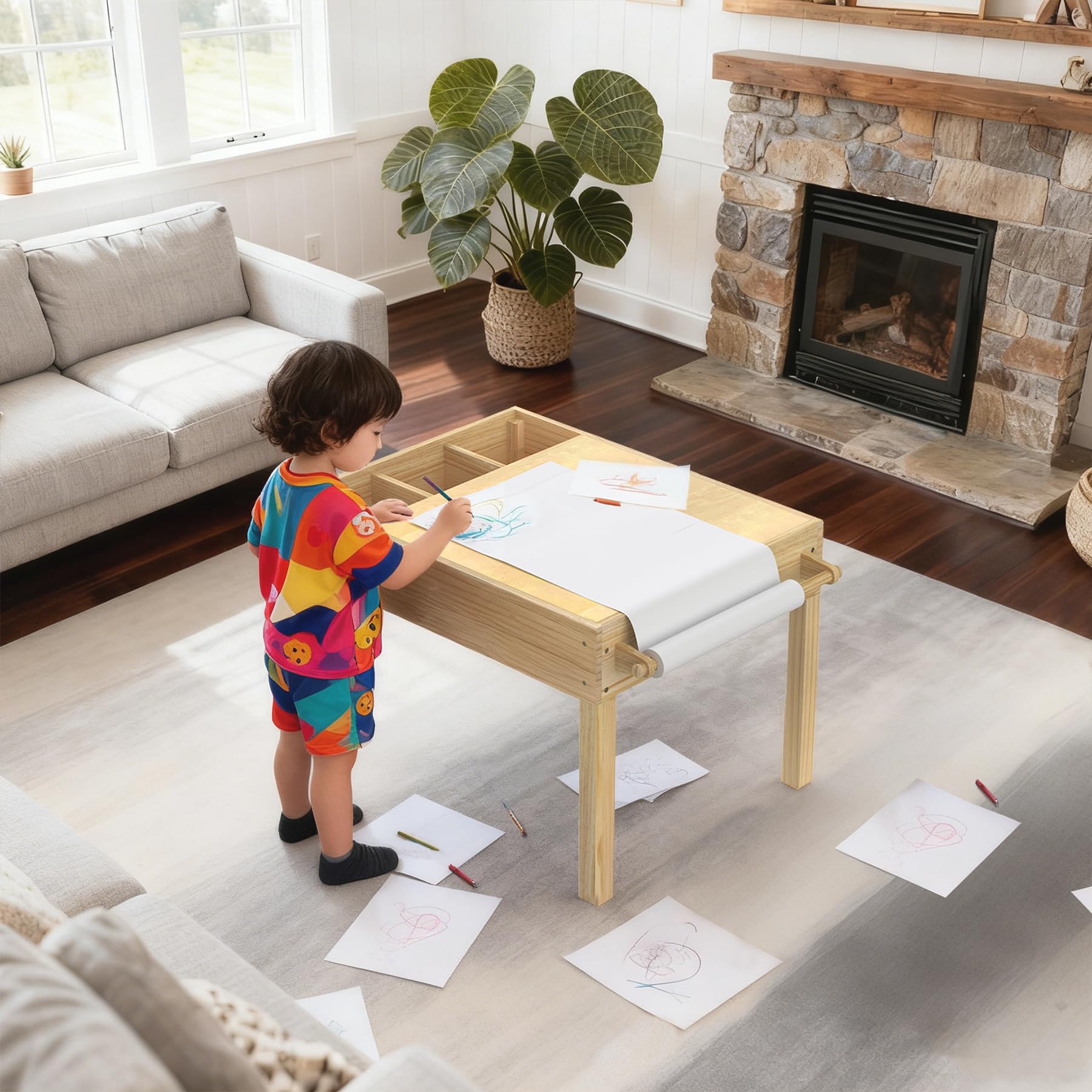 GDLF Tavolo luminoso per bambini, 3 in 1, tavolo per attività per bambini, con contenitore, sensore a LED, mattone da costruzione e postazione artistica, con supporto per rotolo di carta, per bambini