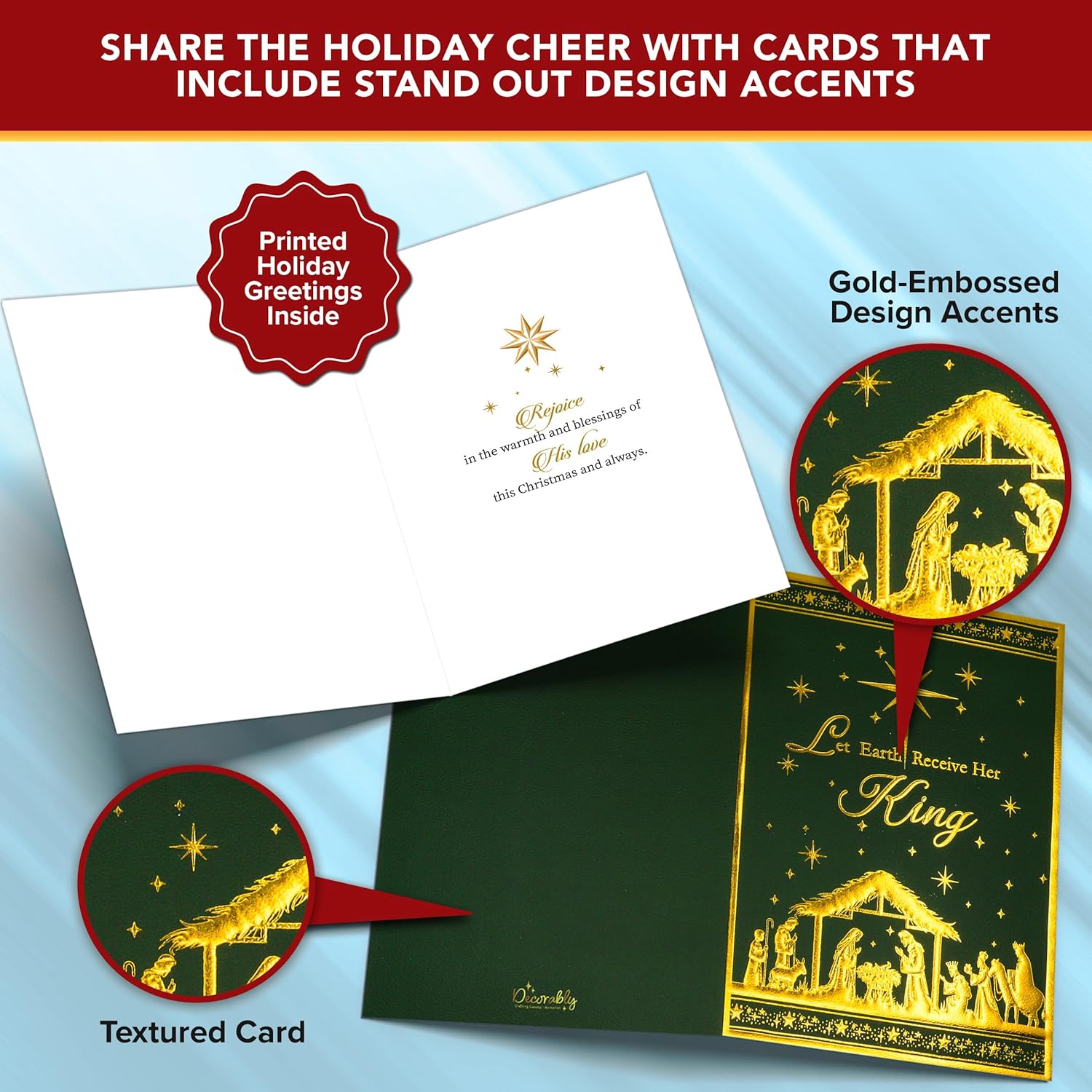 Decorably 18 Pack Gold Foil Embossed 5x7in Religious Christmas Cards with Envelopes & Stickers, 6 Elegant Holiday Designs Seasons Greetings for Friends & Loved Ones, Printed Message, Gifting, Mailing