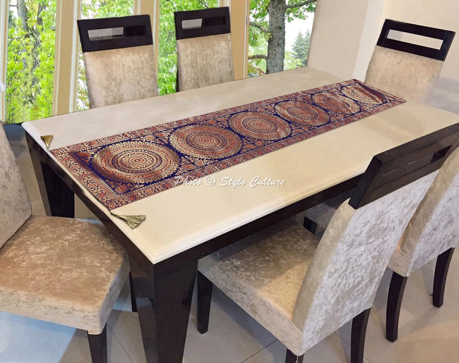 Indian Decorative Living Room Tablecloth for Rectangle Table Dark Blue Gold Large Party Decor Round Mandala 68 Inch Long Brocade Jacquard Tassel Work Table Runner (68 x 16 Inch)