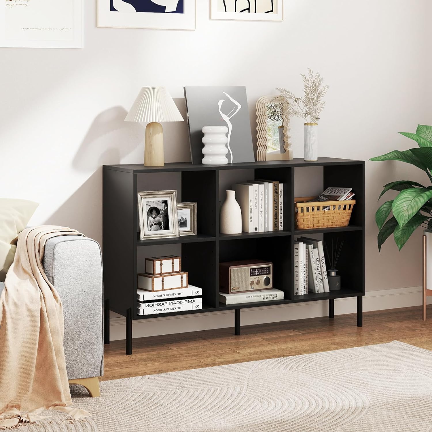 6 Cube Bookcase, 47" Long Bookshelf with 5 Metal Legs, Adjustable Shelves, Wood Cubical Storage Shelf, 31.5" Tall Freestanding Open Shelf Bookcase for Home Office Kids Room (Black)