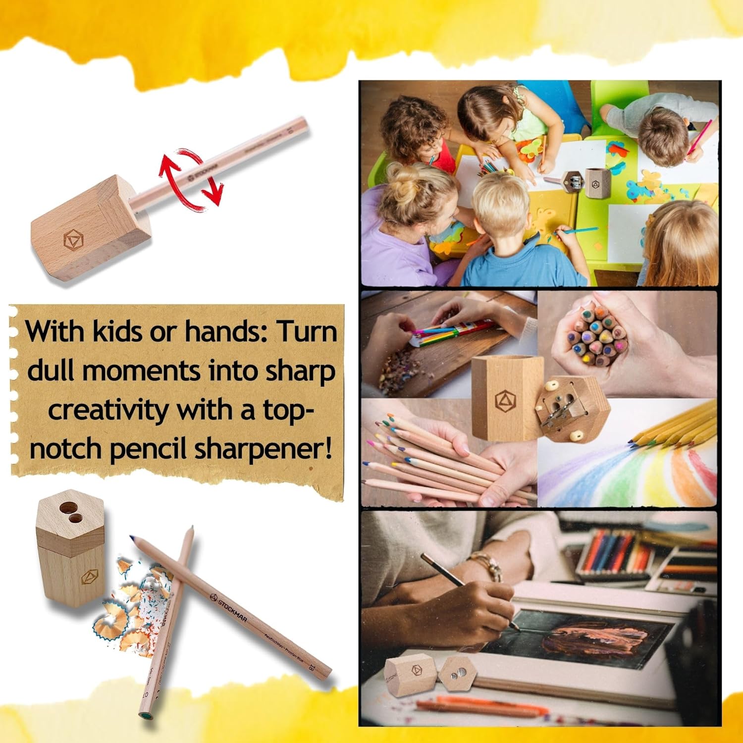 Stockmar Dual Pencil Sharpener FSC Lime Wood for Thin and Thick Pencils - Triangular and Hexagonal Shape - Colour Giants Stockmar, Waldorf Art Supplies, Made in Germany