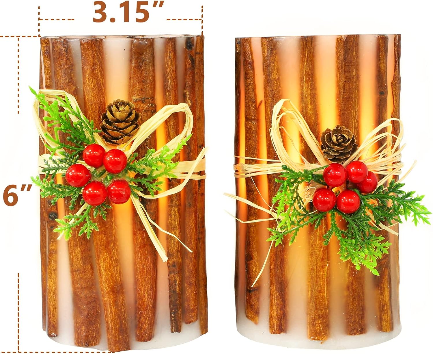 MELTONE Christmas Decorations Flameless Candles Embedded Cassia Bark LED Candles with Remote Real Wax Fake Candles for Home Party Holiday Xmas Decor
