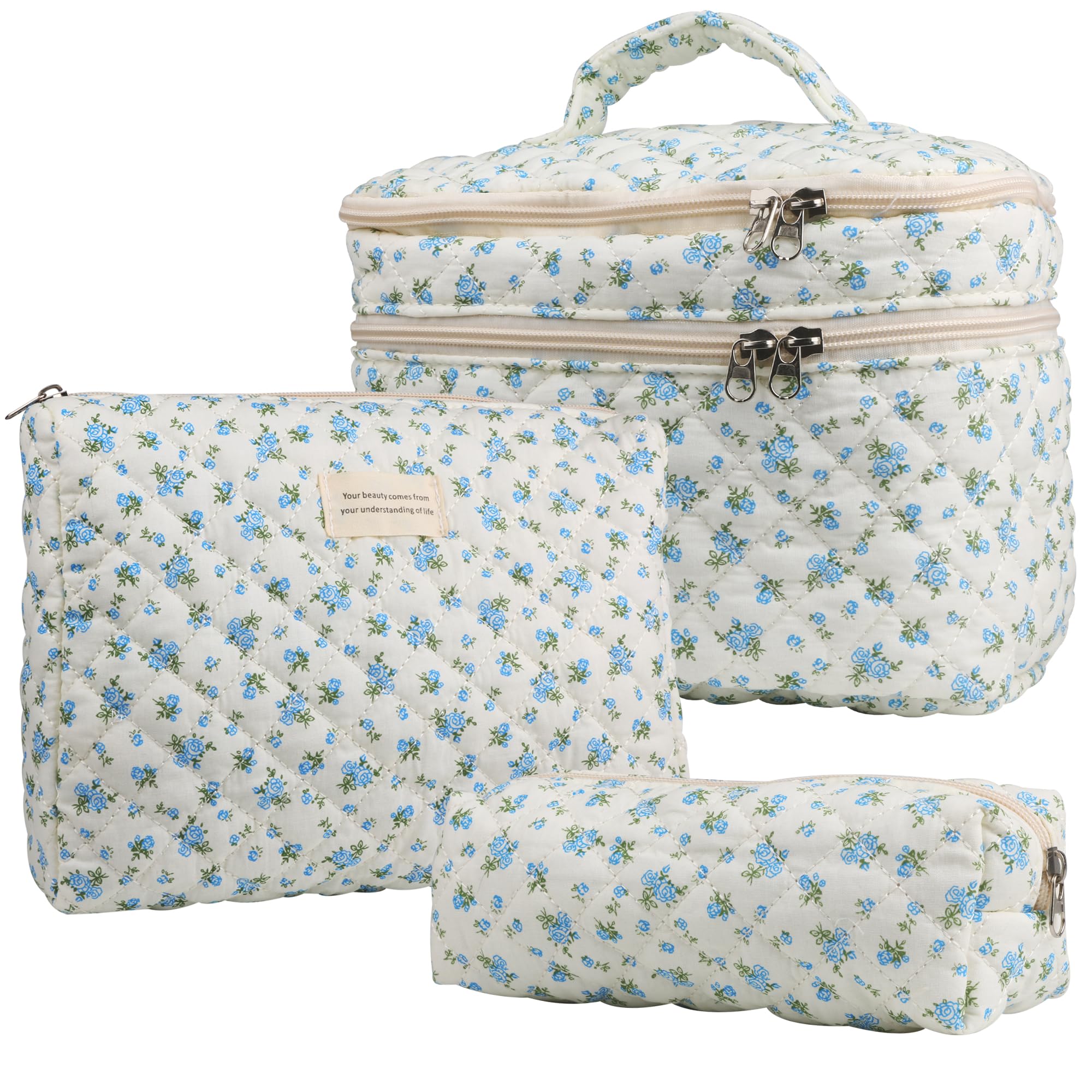 NOYINMIN Dual Layer Cute Makeup Bag for Women(3 Pcs), Quilted Floral Coquette Aesthetic Make up Bags, Travel Cosmetic Bags Toiletry Organizer Bag(Blue