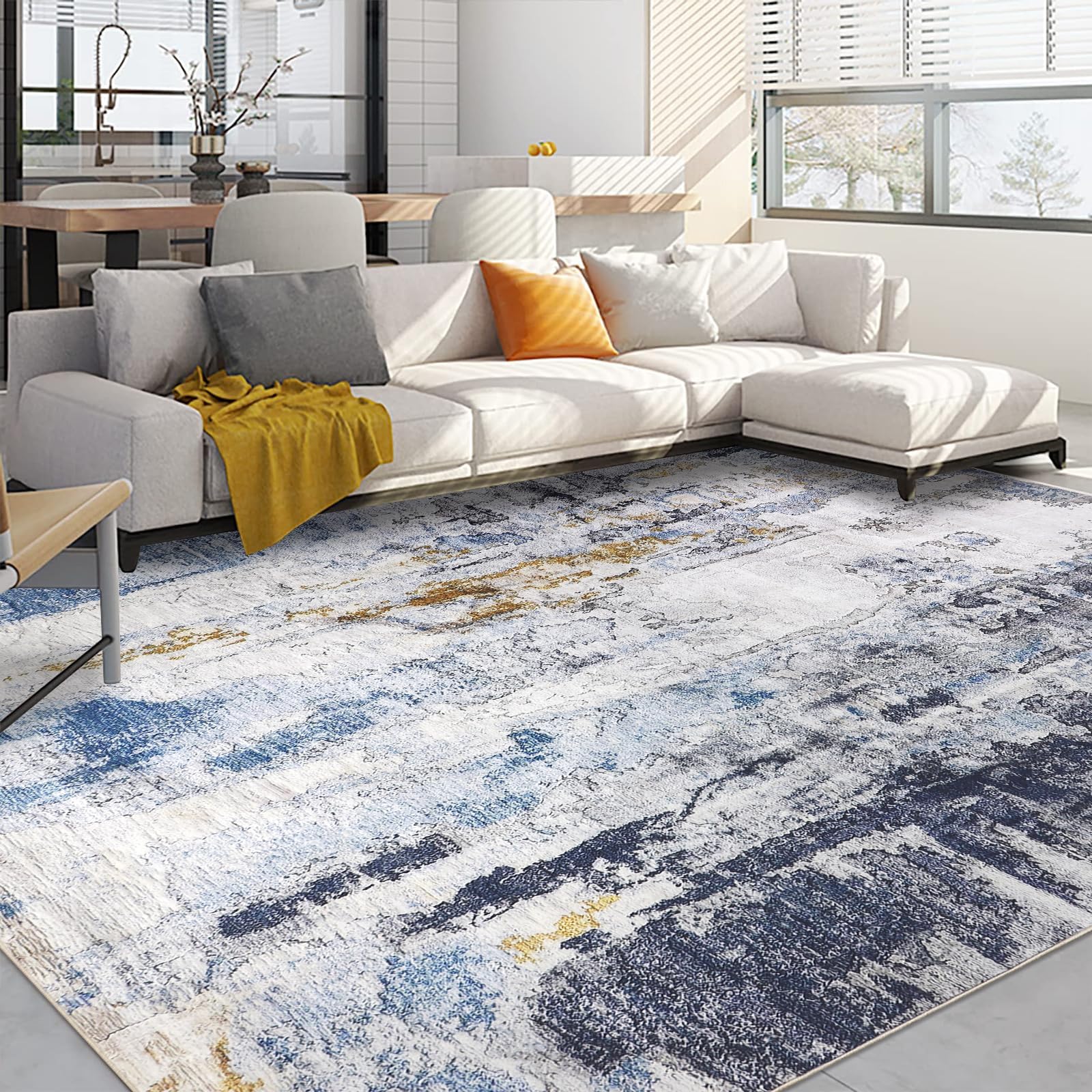 Modern Abstract Area Rug Living Room Extra Large 200x300cm Non-Slip Boho Art Carpet Lightweight Short Pile Washable Floor Mat for Bedroom Dining Room Nursery Lounge Home Office Decor,Blue