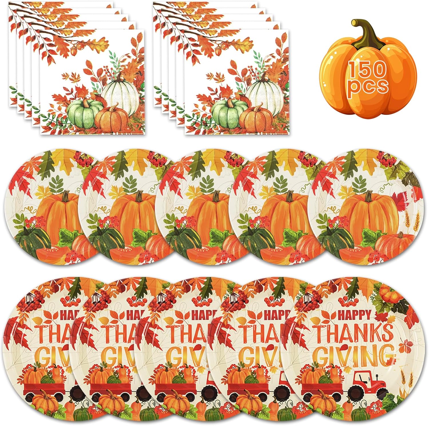 150pcs thanksgiving paper plates and napkins,disposable watercolor pumpkin maple disposable plates autumn plates for fall decor thanksgiving party supplies,serve 50 guests 150pcs fall paper plate