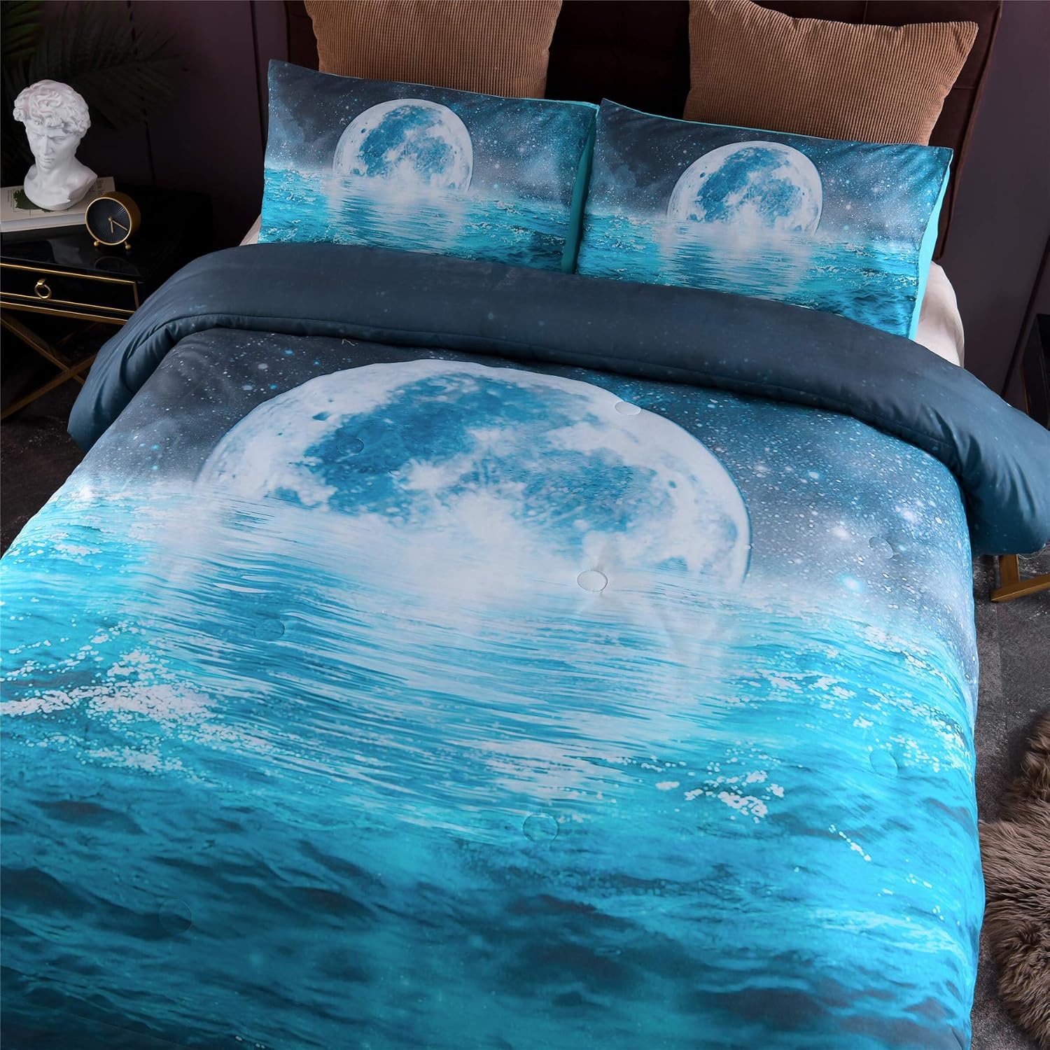 A Nice Night Galaxy Moon Blue Ocean Vivid Print Comforter Set Queen Size,Soft Brushed Microfiber Bedding Sets (Water-Ripple)