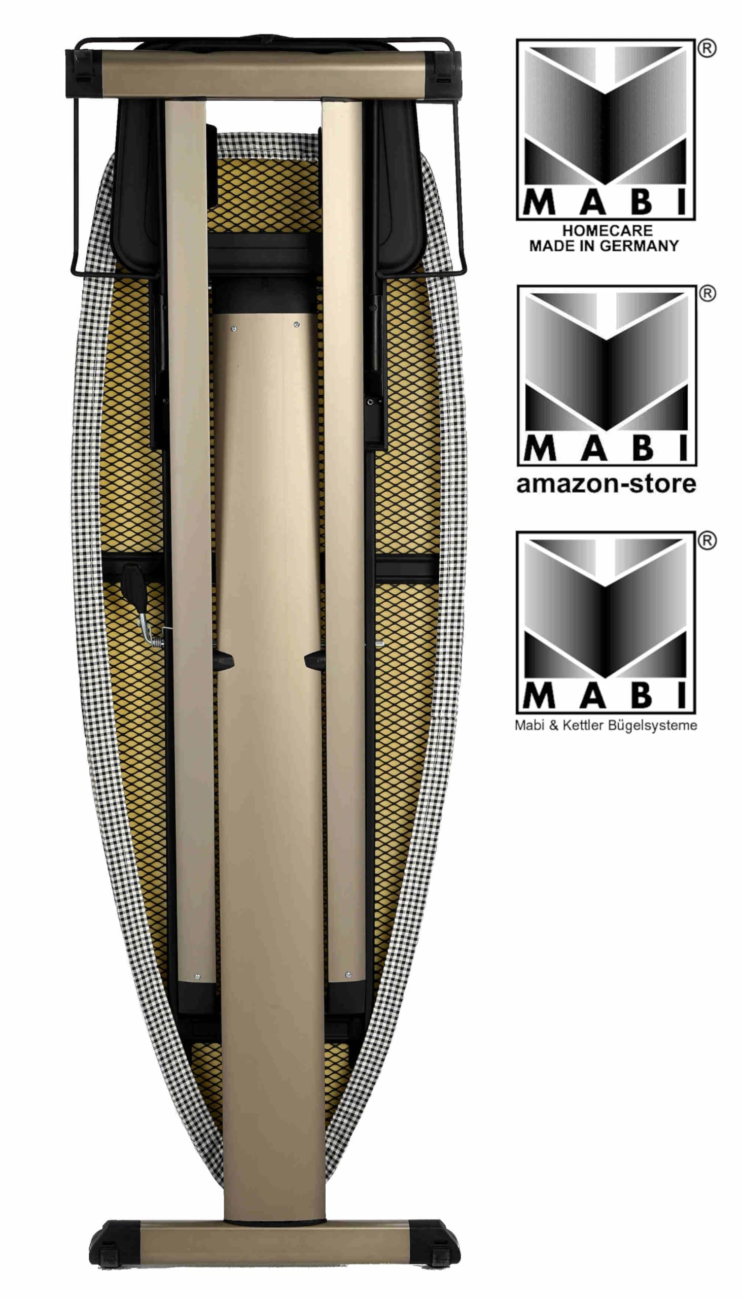 Mabi® 2000RL | Tabla de planchar profesional con superficie XXL 130×47 cm, muy estable, altura regulable y ruedas. | Con soporte XXL para plancha Homecare Made in Germany
