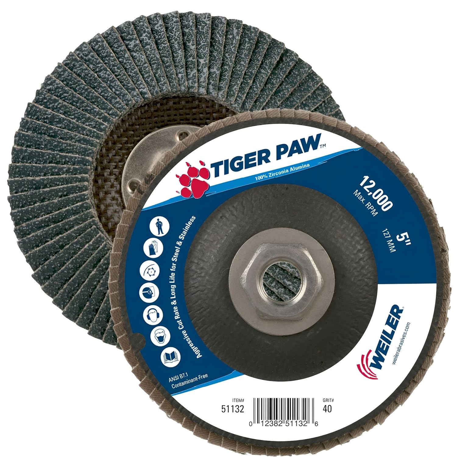 Weiler 51132 5"" Tiger Paw Abrasive Flap Disc, Conical (Ty29), Phenolic Backing, 40Z, 5/8""-11 UNC Nut (Pack of 10), 40 grit
