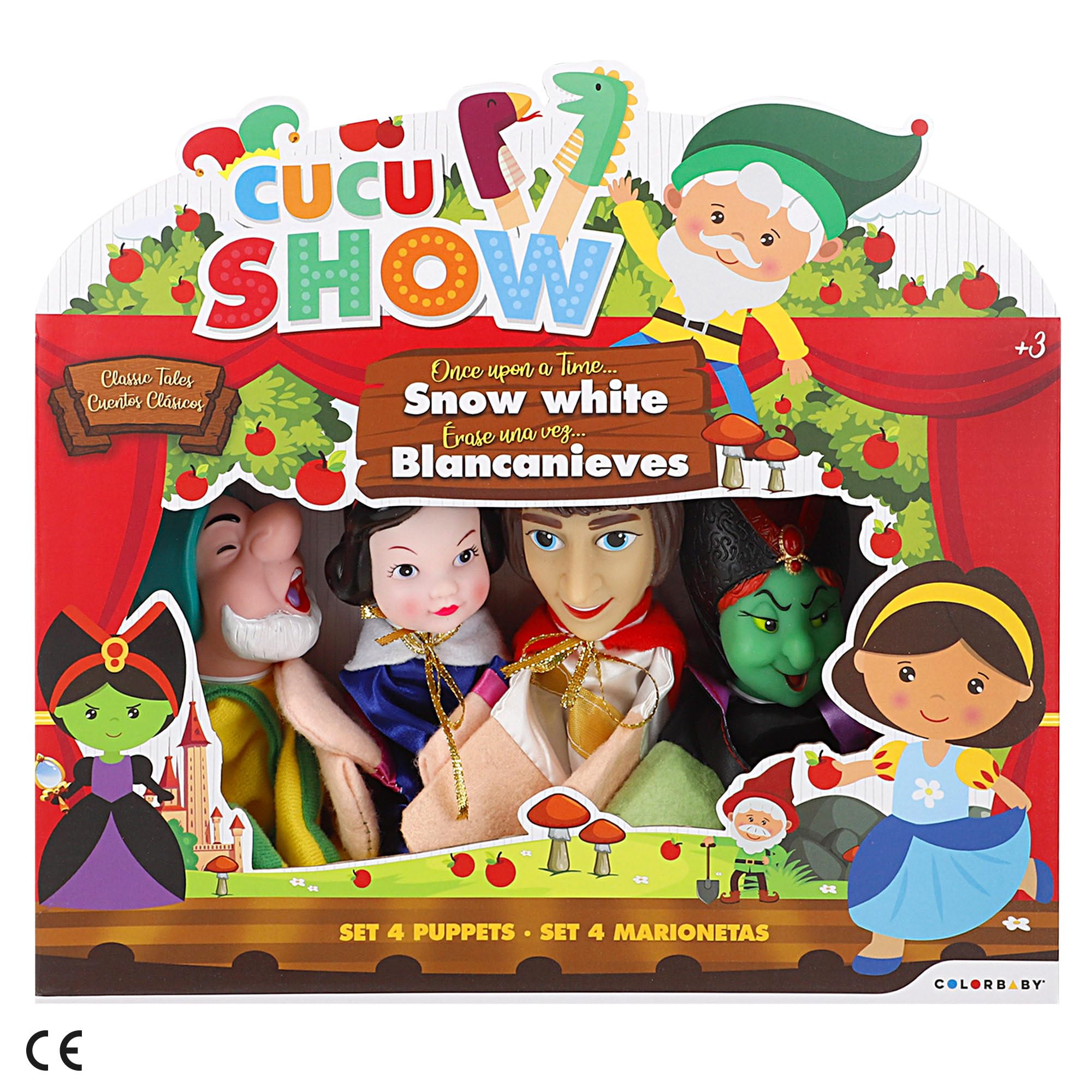 ColorBaby Cucu Show Set Marionetas Blancanieves, 4 títeres Personajes de 25 cm, Materiales Suaves y Seguros, Juguetes Infantil, para Jugar en Grupo o Pasar Tiempo en Familia (39168)