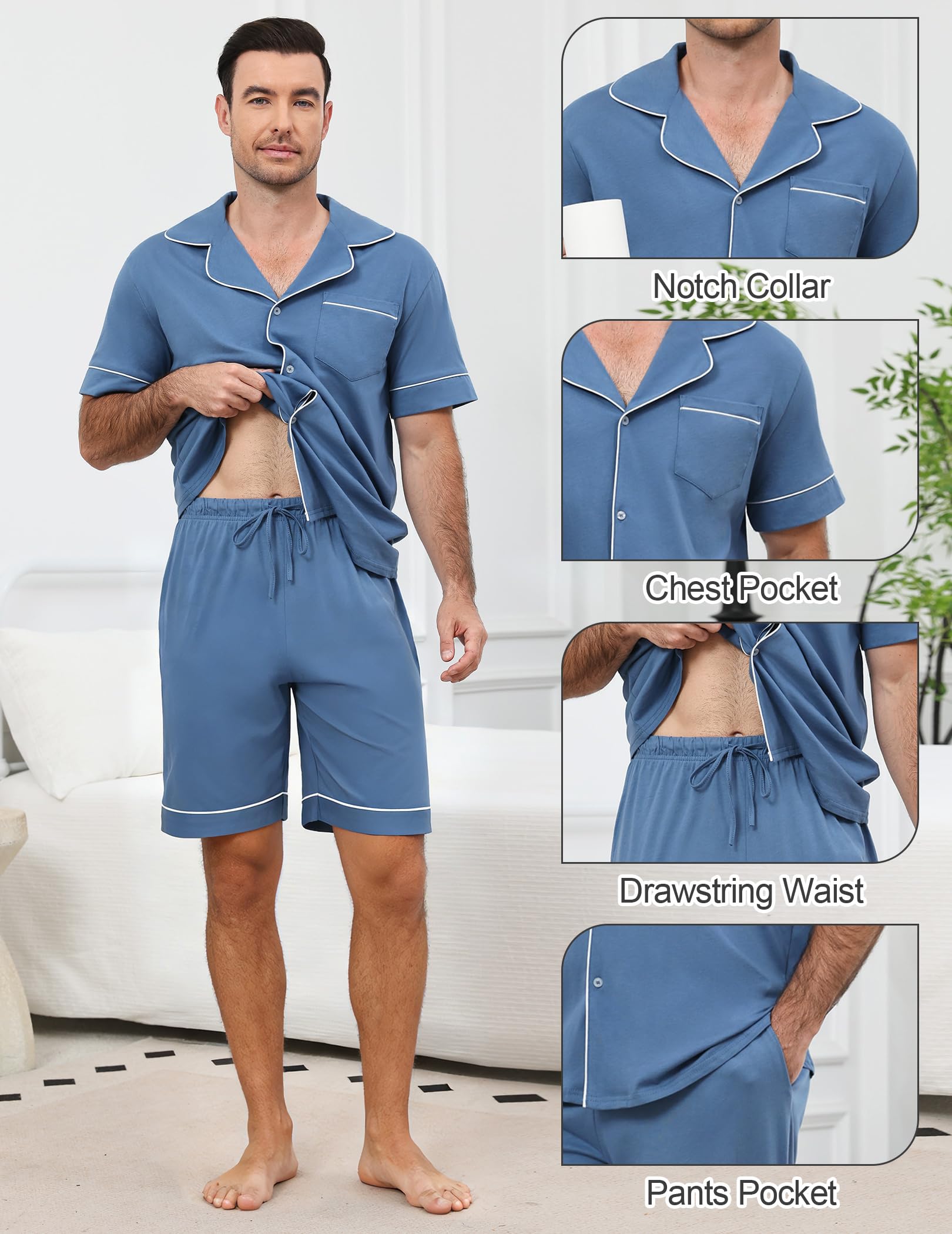 Pijama Hombre Corto Algodon para Verano, Ropa de Dormir Dos Piezas, Conjunto Manga Corta Camiseta Abierto Delante con Botones y Shorts con Bolsillos, Suave y Cómodo Pijamas para Salir S-XXL