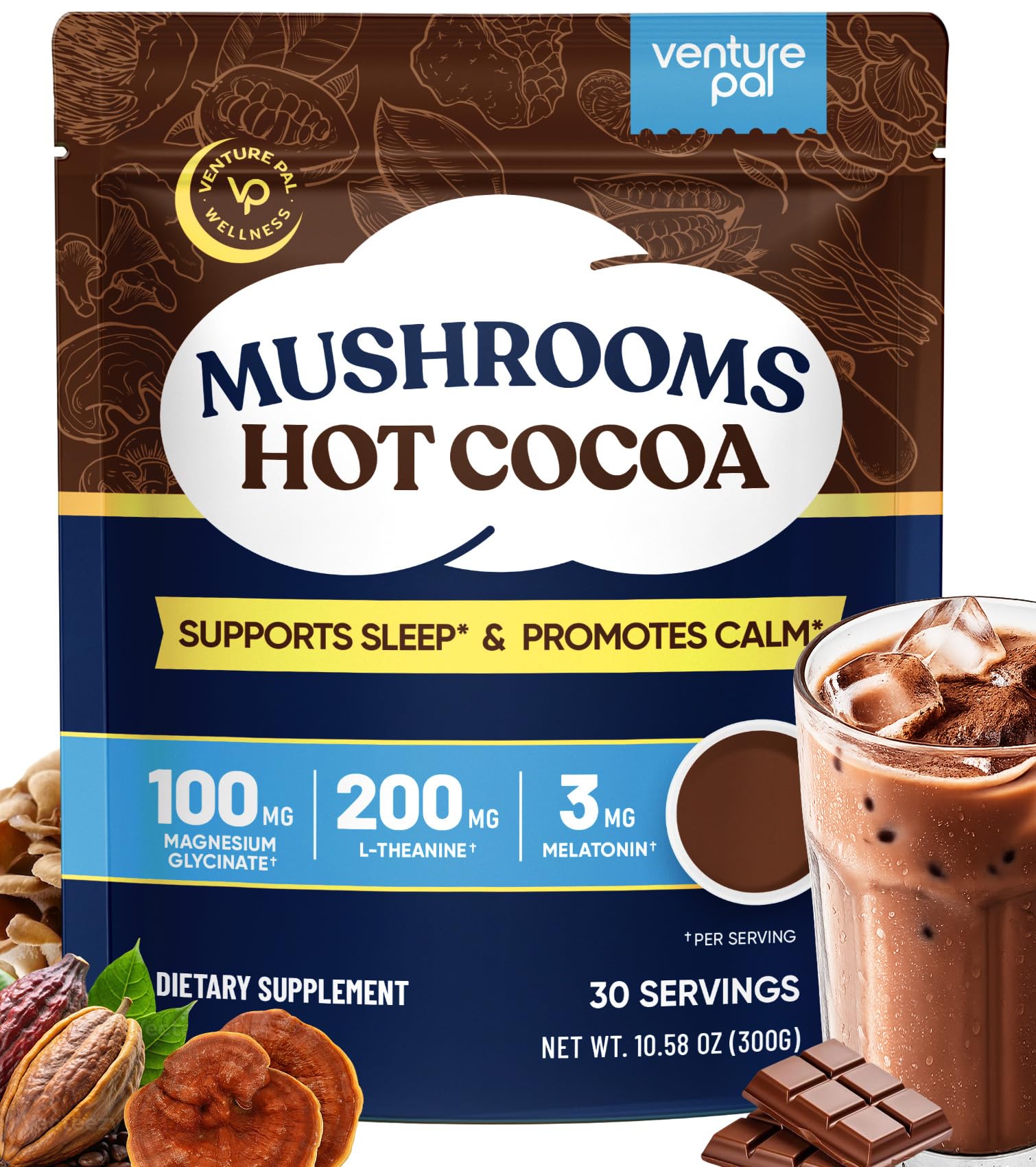 Natural Sleep Aid Cocoa Powder With Magnesium Glycinate, 30 Servings | Natural Sleep Powder, Magnesium for Sleep, Melatonin 3mg, Reishi, L-Theanine, Glycine Cocoa Powder, Sleep Supplement