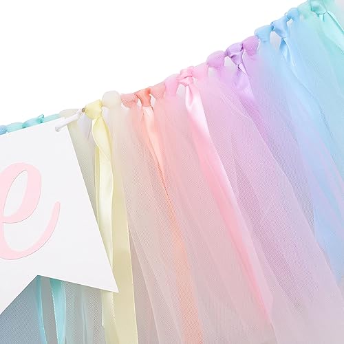 Miniatura 8 de Cartel para silla alta de arcoíris pastel, cartel de tul y cinta para silla de bebé de primer cumpleaños, decoraciones de arcoíris