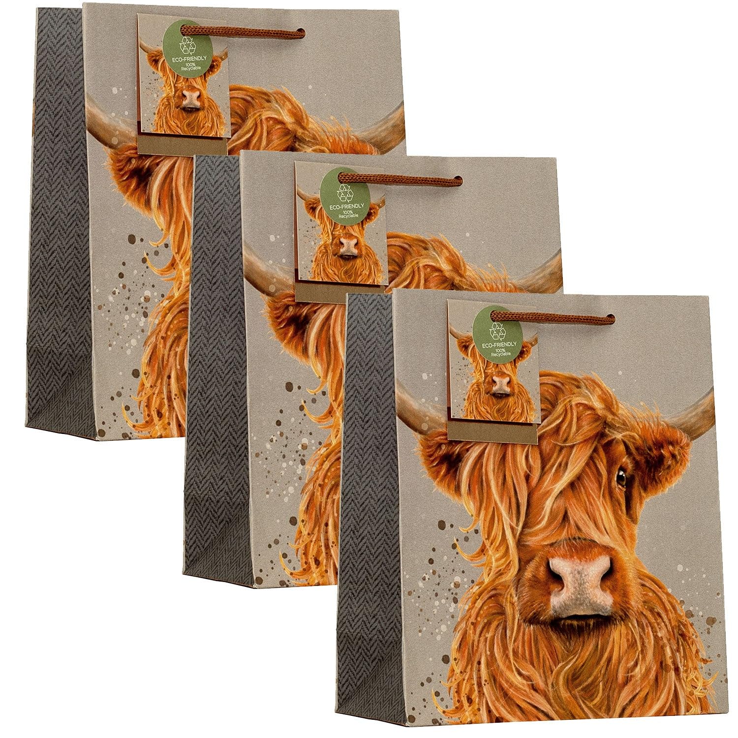 Design By Violet Highland Cow Design Medium Gift Bag – Set of 3 Decorative Paper Birthday Gift Bags with Ribbon Handles for Occasions and Celebrations, Eco Friendly and 100% Recyclable