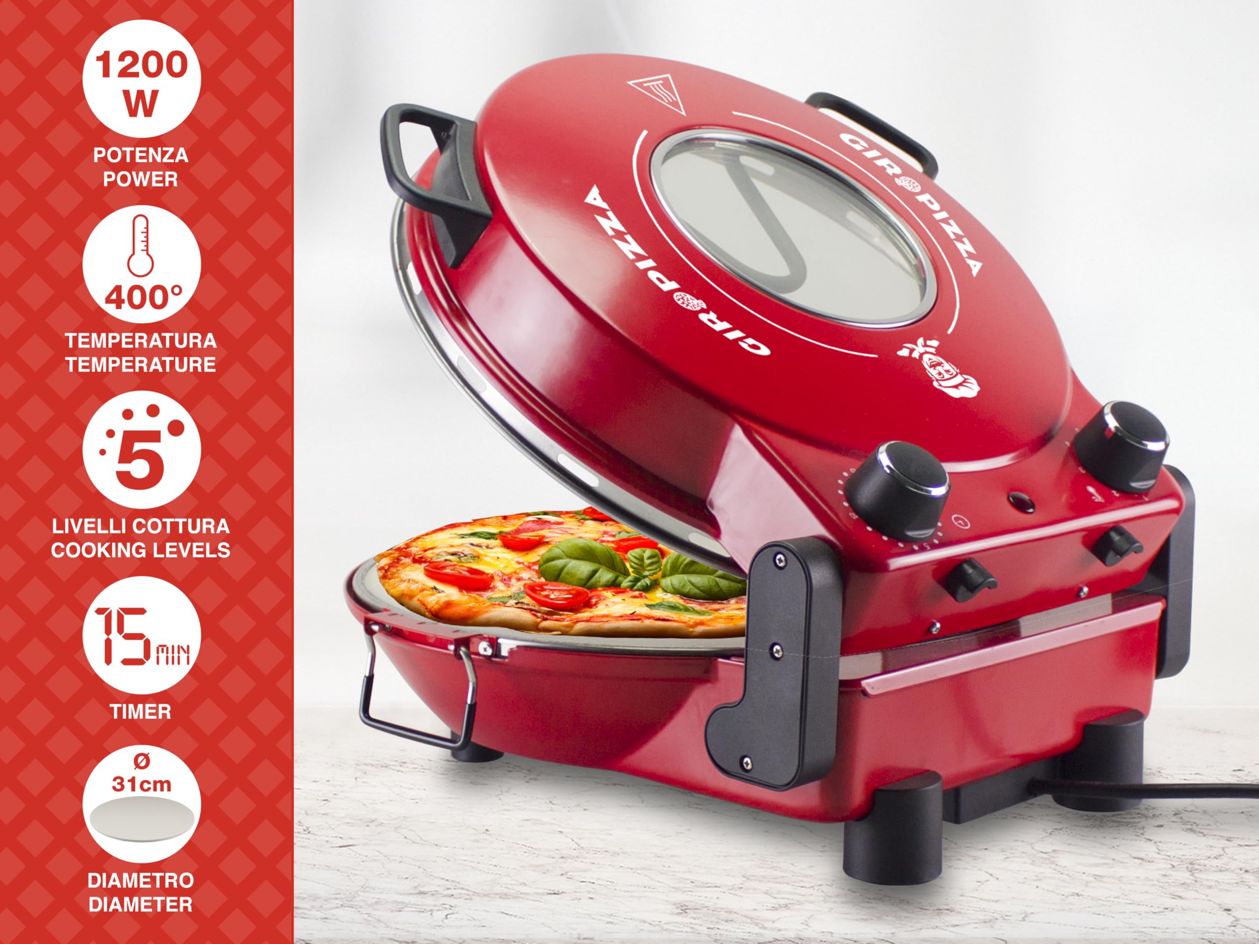 BEPER P101CUD301 Forno Elettrico per Pizza, 1200W, Temperatura 400°C, Piastra da 31 cm, Fornetto per pizza con Piastra Refrattaria Rimovibile, Oblò, Palette in acciaio, Rosso