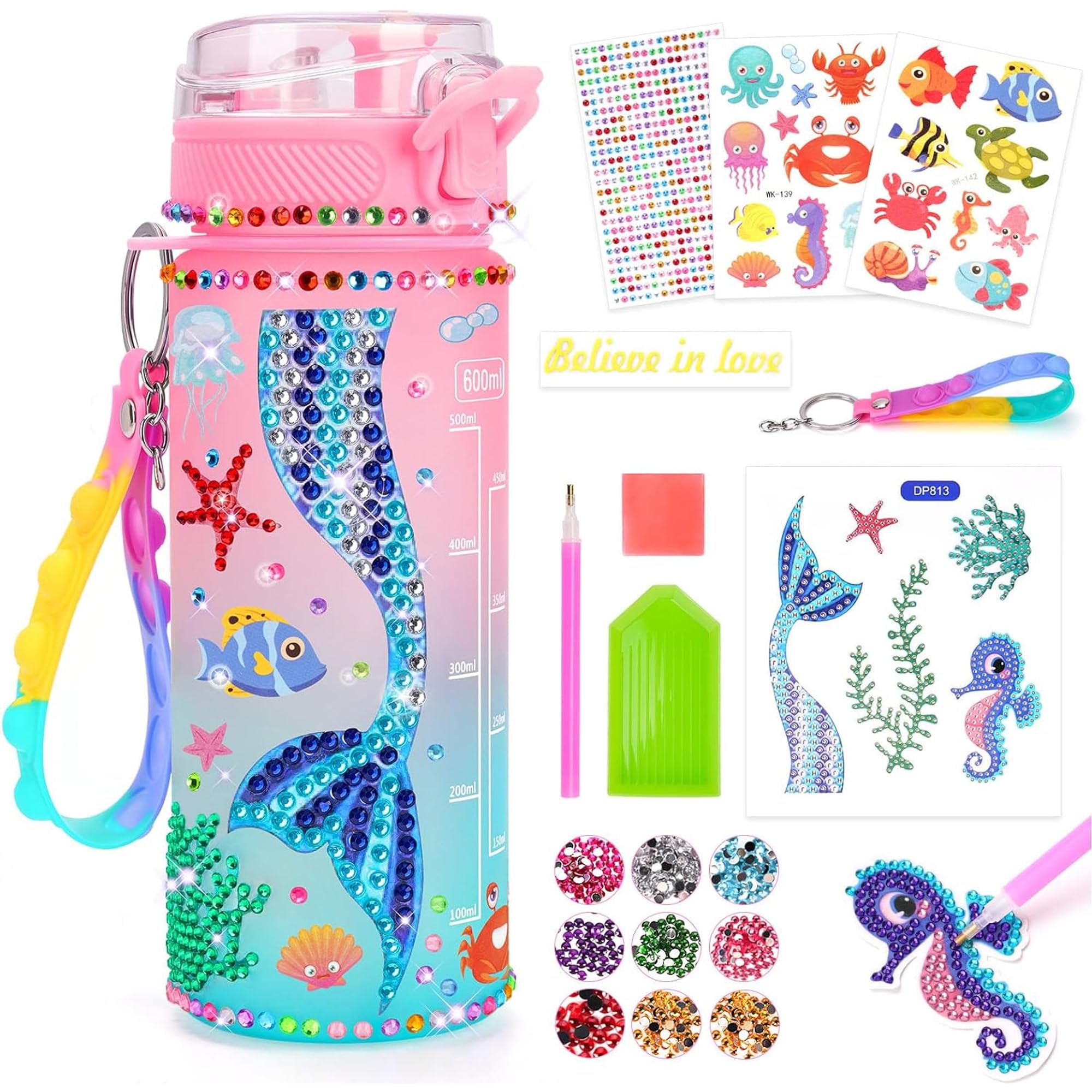 Kidology Decorate Your Own Water Bottle Kits For Girls Age 4-6-8-10,Mermaid Painting Crafts,Fun Arts And Crafts Gifts Toys For Girls Birthday Christmas(Mermaid), Multicolor-picture-14
