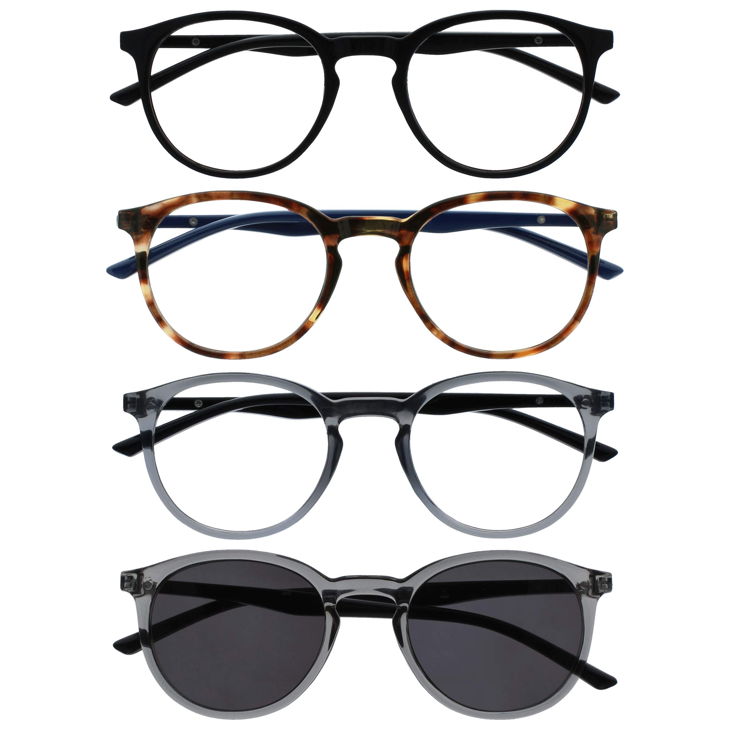 Opulize Met Pack 4 Gafas De Lectura Con Lectores De Sol Grande Redondo Negro Marrón Gris Hombres Mujeres RRRS60-1277 +1,50