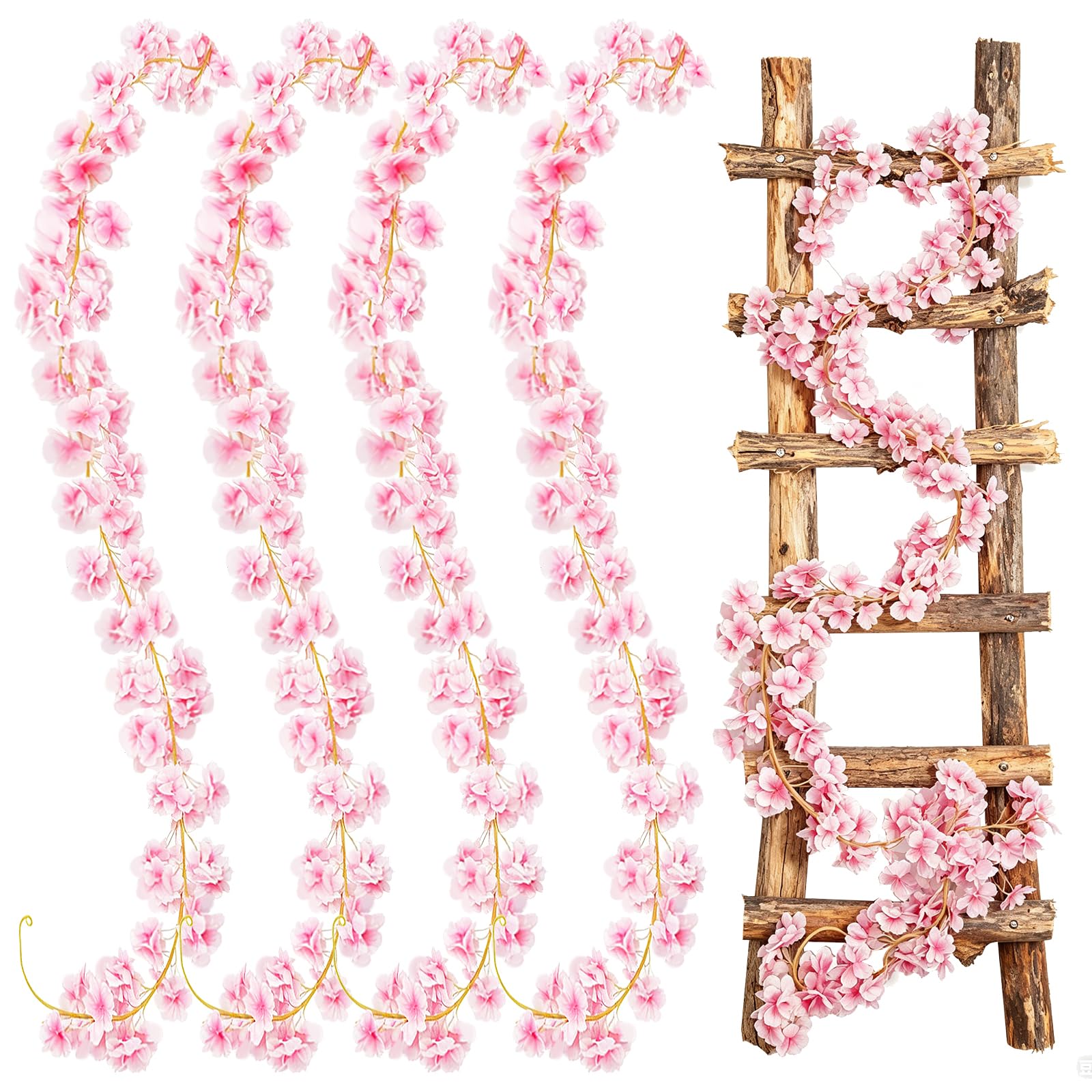 LTHERMELK Artific Artificial Cherry Blossom Vines, 4 Pack Fake Flowers, Realistic Faux Flowers That Look Real for Outdoor & Indoor, Pink PVC Home Decoration Spring Decorations Wreath Making