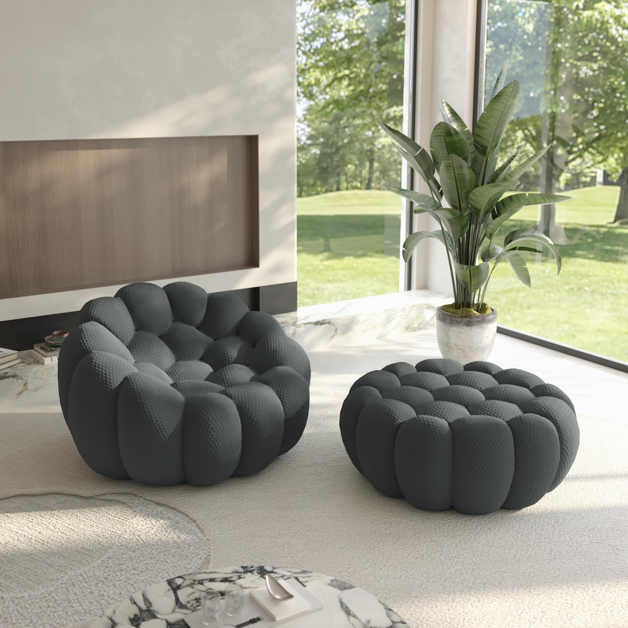 Bubble Chair with Ottoman, Oversized Memory Foam Bubble Couch Lazy Floor Sofa, Round Couch with 3D Honeycomb Shape Curved Sofas for Living Room, Apartment (Dark Grey, 49.21+41")