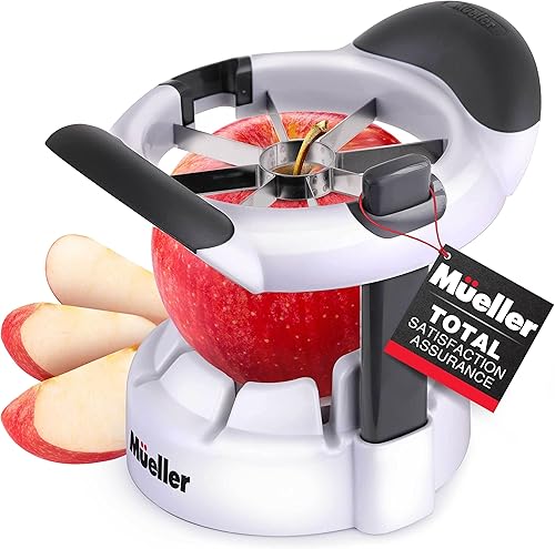 Mueller SpeedSlice - Cortador y descorazonador de manzana, resistente, cubierta de seguridad adjunta que protege los dedos mientras está en uso y