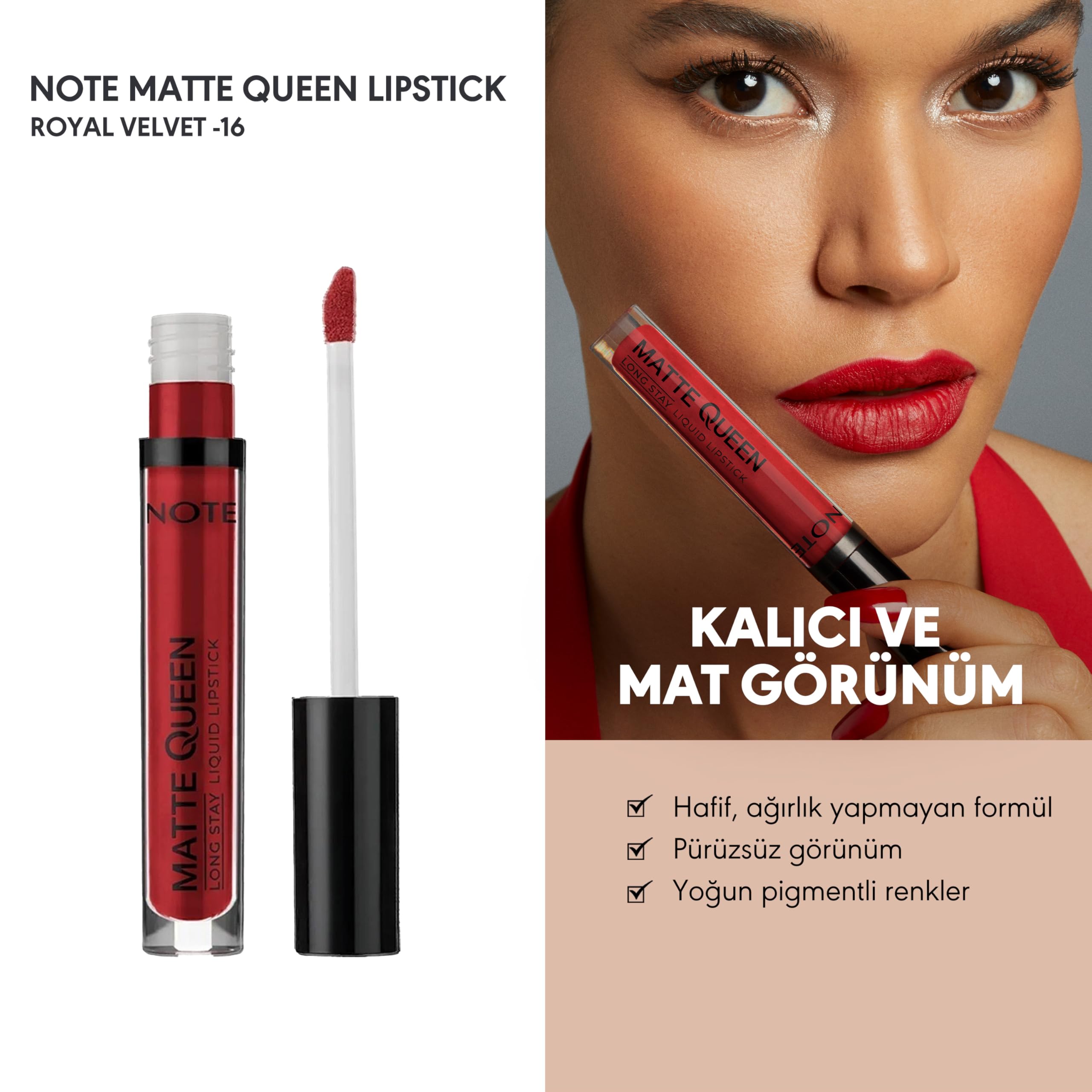 Note Cosmetics Matte Queen Lipstick 16 Royal Velvet Kalıcı Likit Ruj, Kırmızı
