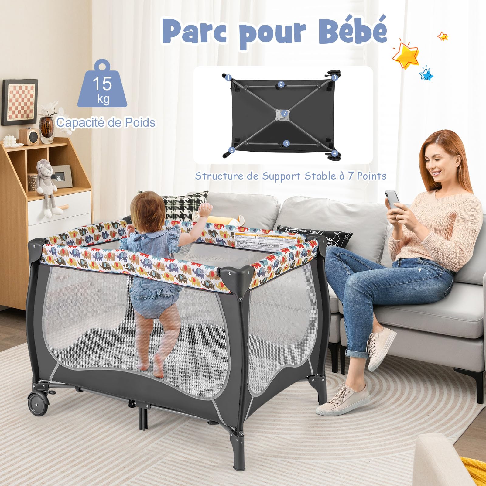 COSTWAY 5 en 1 Lit Parapluie Bébé avec Matelas & Moustiquaire, Lit Bébé Evolutif avec Table à Langer, 3 Jouets Mignons & Boîte à Musique, Sac de Transport, Charge 9kg pour 0-36 Mois