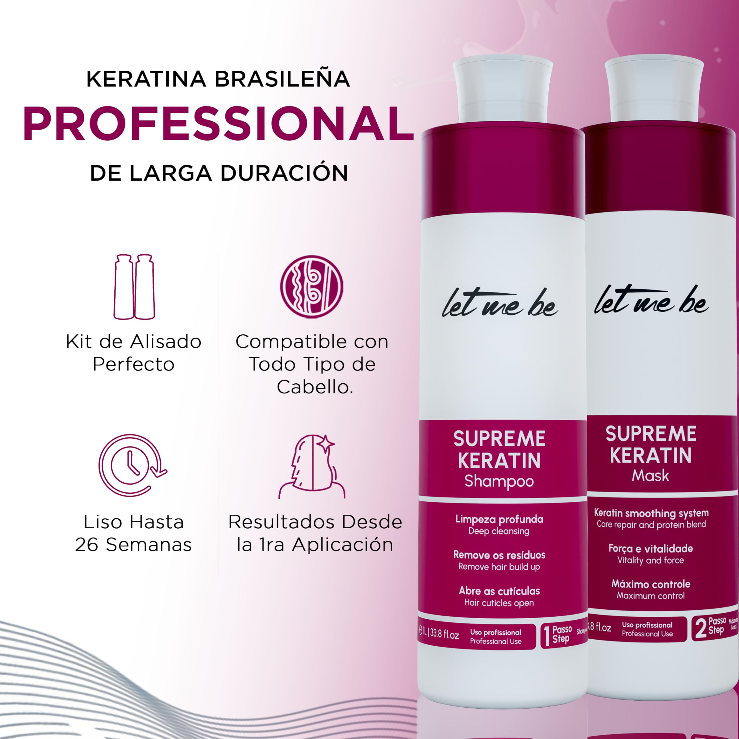 Let Me Be - Kit lisciante alla cheratina Supremeliss Mask, 2 in 1, Shampoo e Maschera anti-residui, Pulizia profonda e lisciatura 100% brasiliana, Lunga durata (2x1L)