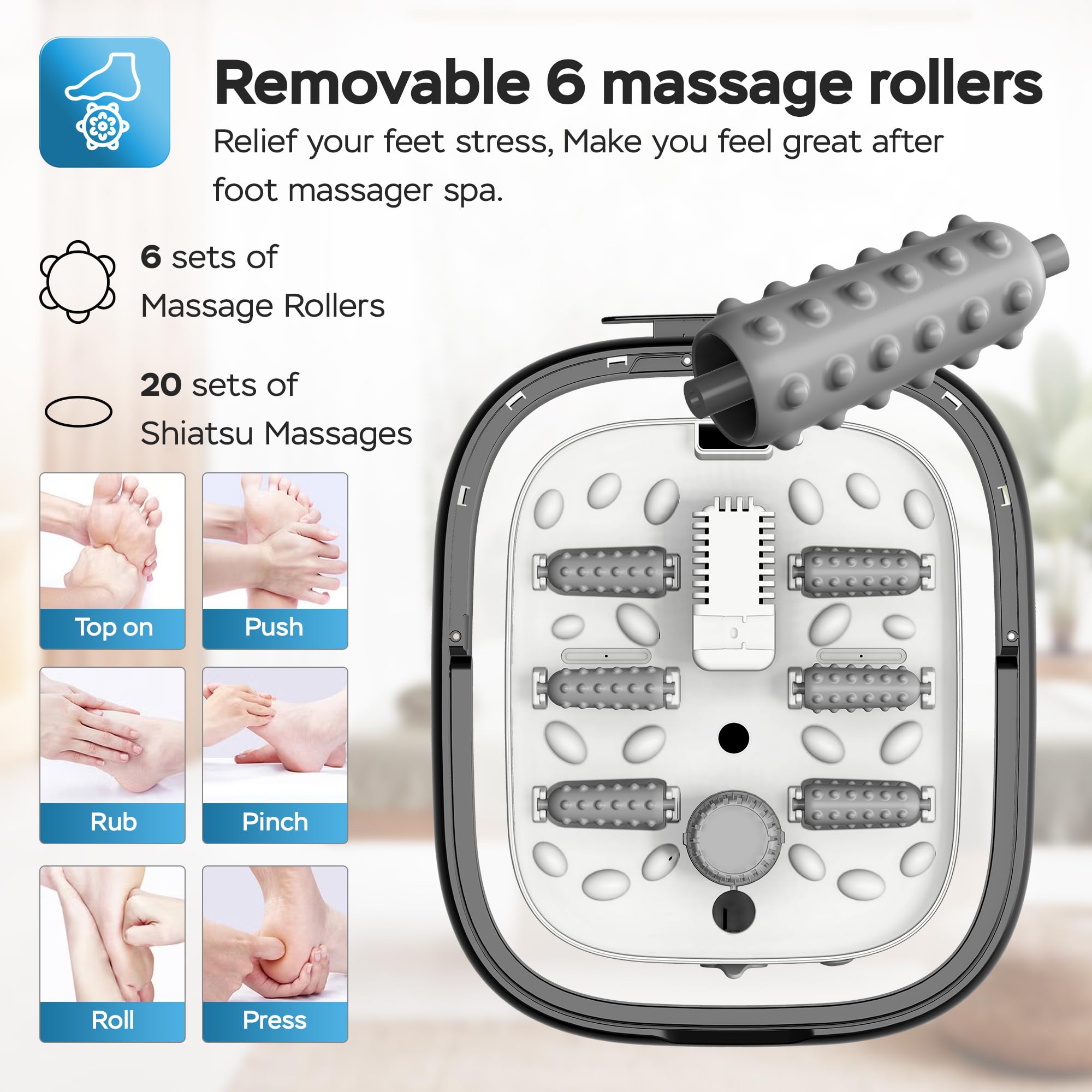 SportTronic Fußmassagegerät mit Whirlpool & Wärme – faltbar, 6 Massagerollen, 20 Shiatsu-Düsen, Sprudelfunktion, Pediküre, beheiztes Fußbad