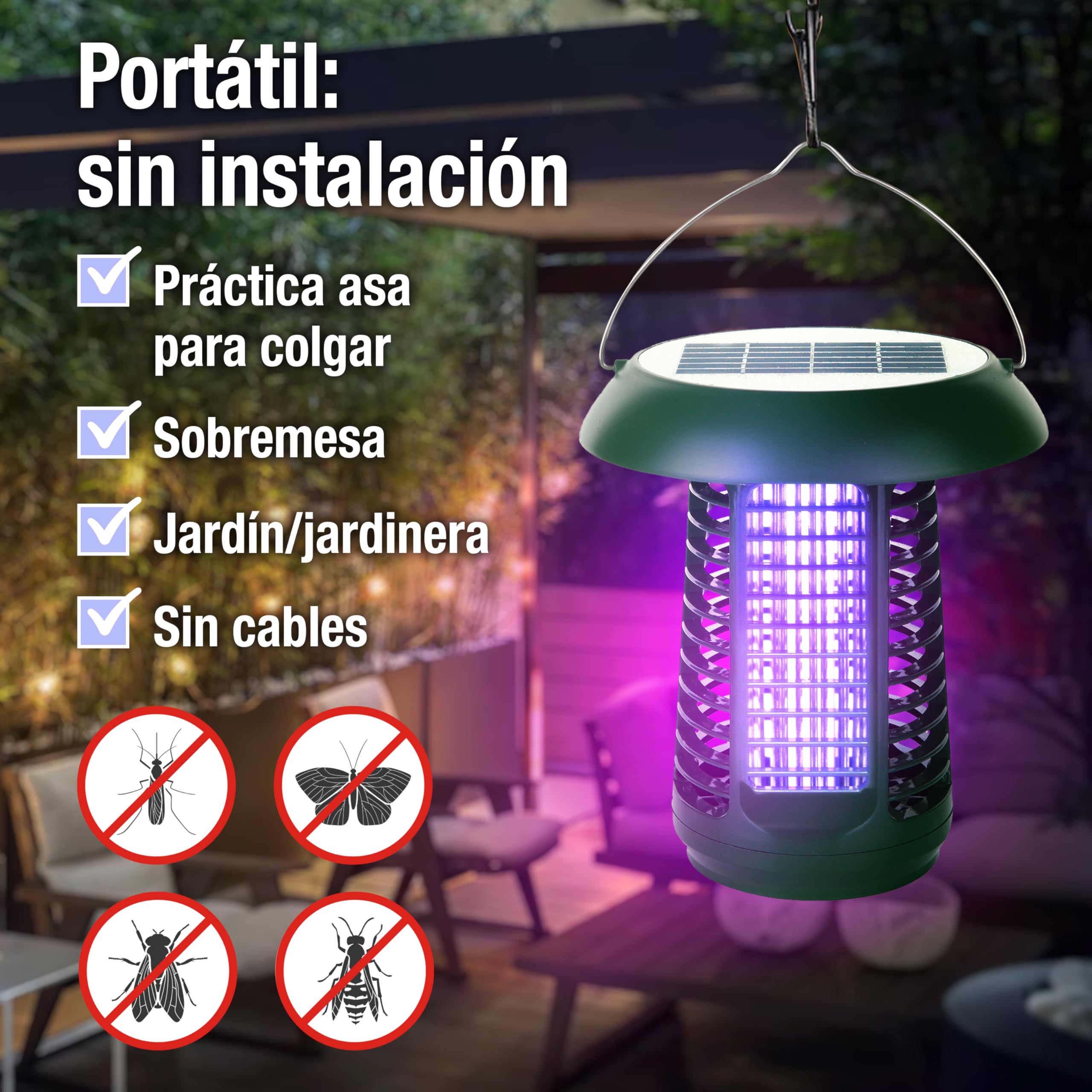 Lámpara Solar Antimosquitos 2 en 1: Luz UV Anti-Insectos + Luz Blanca Iluminación. Interior/Exterior. Energía Solar + Red (Incluye Adaptador) Portátil: Ideal jardín, terraza, Camping. Gran Autonomía