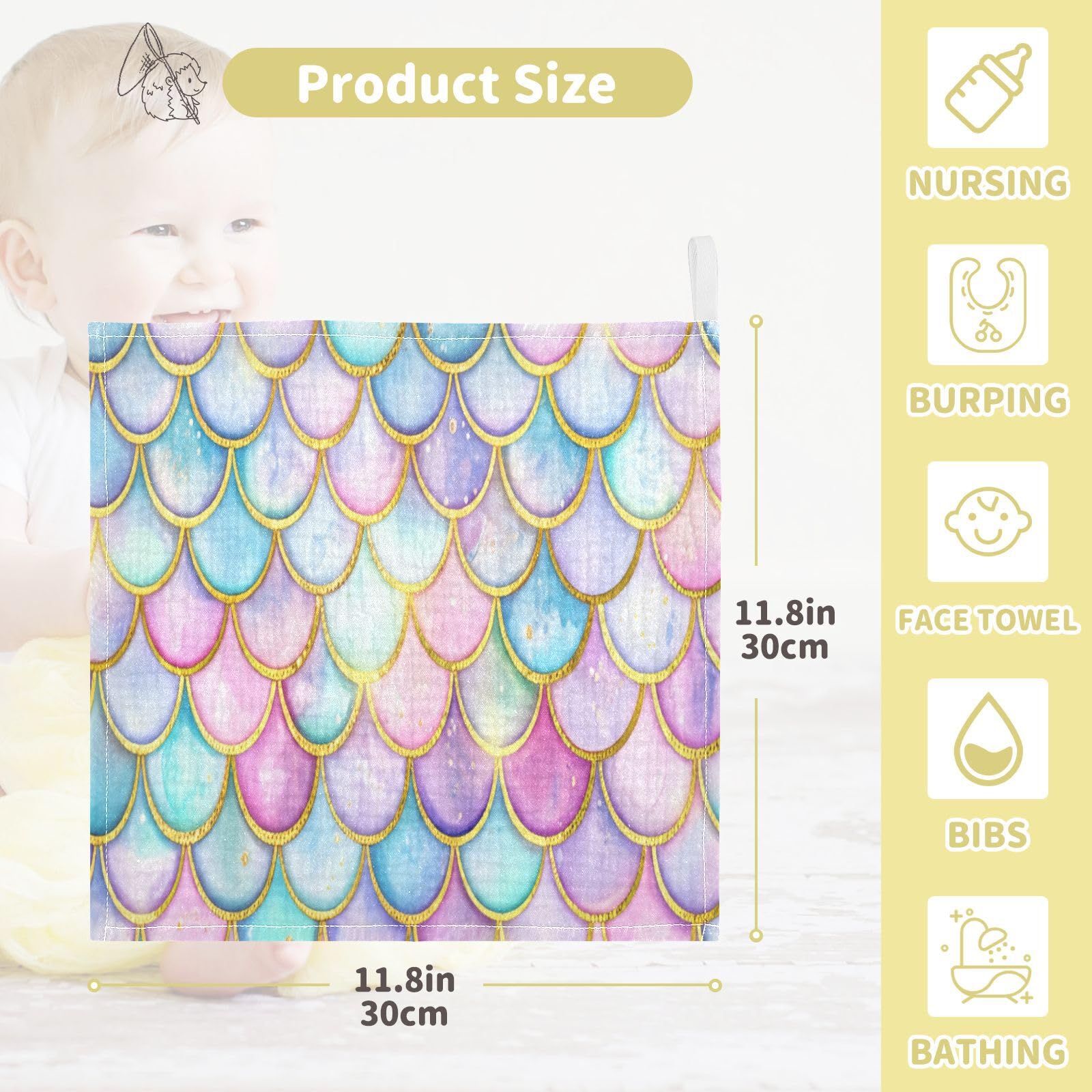 Kigai Beautiful Colorful Mermaid Scales Baby Washcloths,5pcs Ultra Soft Absorbent Towel,Newborn Bath Face Towel, Natural Reusable Baby Wipes for Sensitive Skin, Baby Registry as Shower