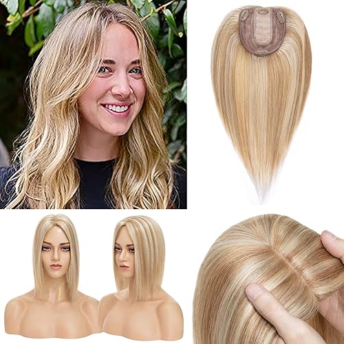 Benehair Hair Toppers for Women 100% Real Human Hair Topper 150% Density Hand Made Silk Base Clip in Hair Pieces for Slight Hair Loss Thinning Hair Cover Gray Hair -14 Inch No Bangs Light Blonde&Bleach Blonde