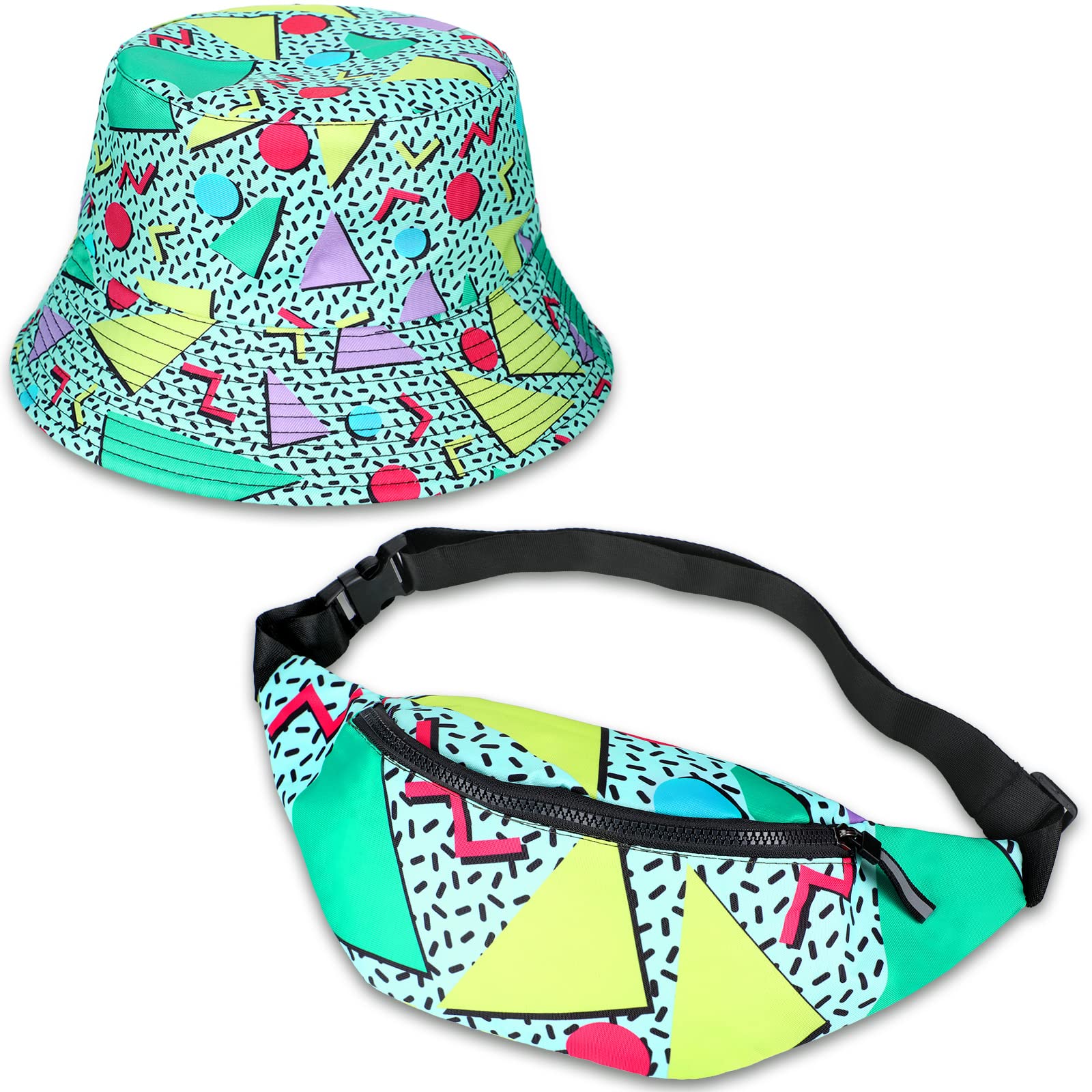 JenPen 2 Pcs 80s 90s Fanny Pack Bucket Hats Set for Men Women Retro Accessories for Summer Sports Party