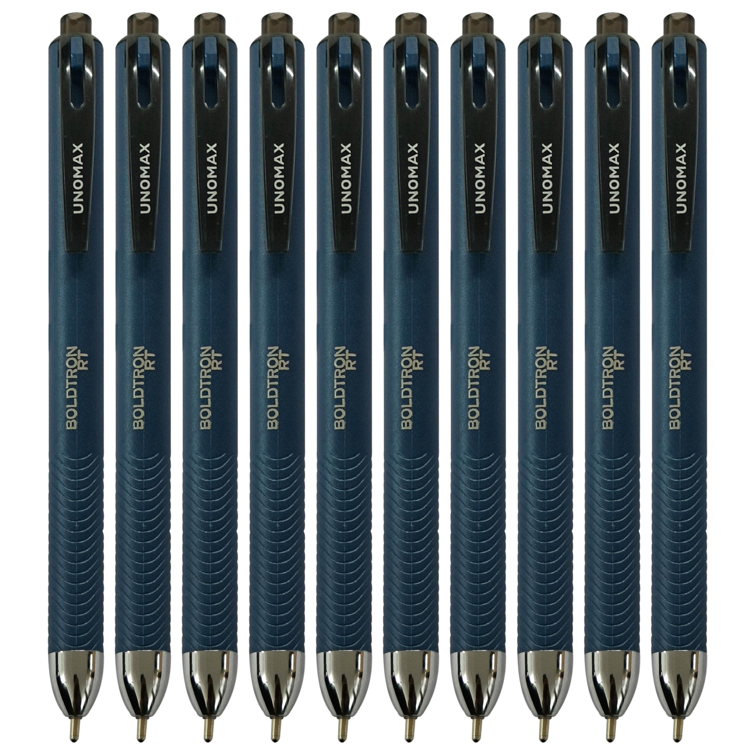 UNOMAX BoldTron Retractable Ballpoint Pens, BLACK, Medium Point (1.0 mm), Pack of 10, Comfort Grip, Smooth Easy Glide Ball Pens, Multipack, Pens for School Office Home Use