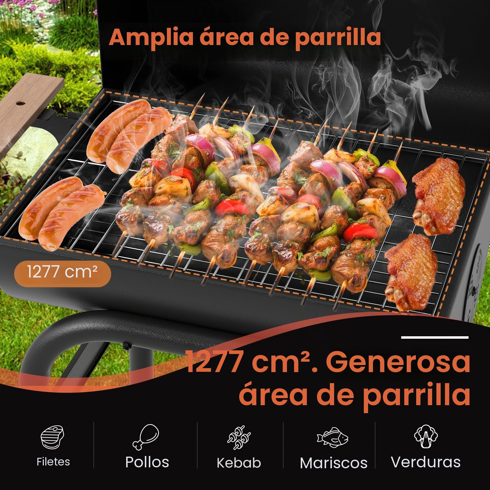 KOMFOTTEU Barbacoa de Carbón Portátil con 2 Ruedas y Mesa Lateral Plegable | Carro para Barbacoa con Termómetro y Estante, para Picnic, Fiesta, Jardín